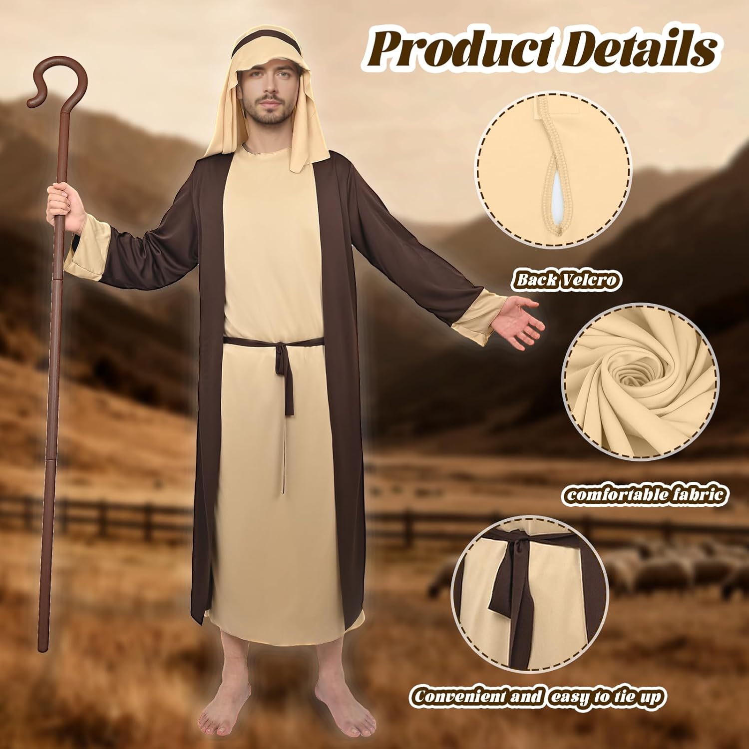 2Pcs Men Shepherd Costume,Halloween Christmas Robe Cosplay.