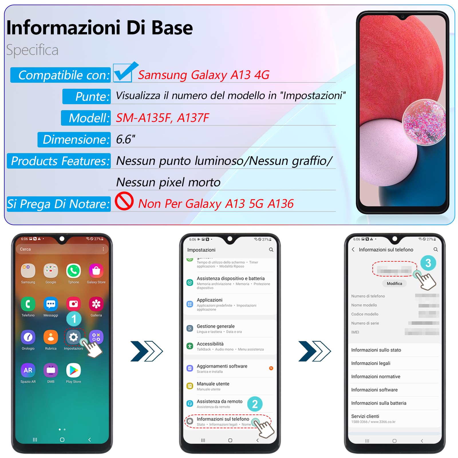 RongZy LCD Schermo per 6.6" Samsung Galaxy A13 4G A135F A137F Display Digitizer Assembly Vetro di Ricambio Touch Screen con Strumenti(Nero con Cornice)