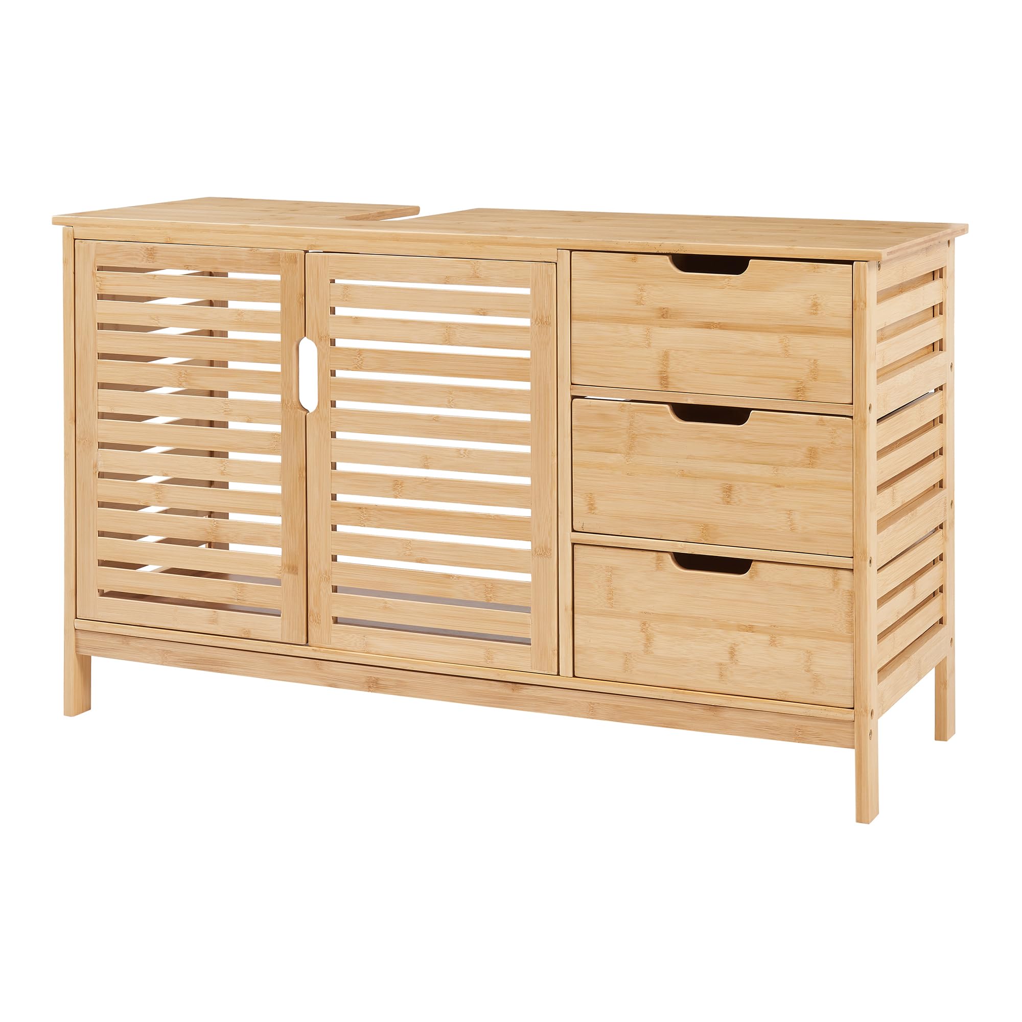 [en.casa] Mobile Sottolavabo da Terra con 3 Cassetti e 2 Ante Armadio Sotto Lavandino da Bagno con Ritaglio Sifone e Scomparto Chiuso 60 x 100 x 35 cm - Bambù Naturale
