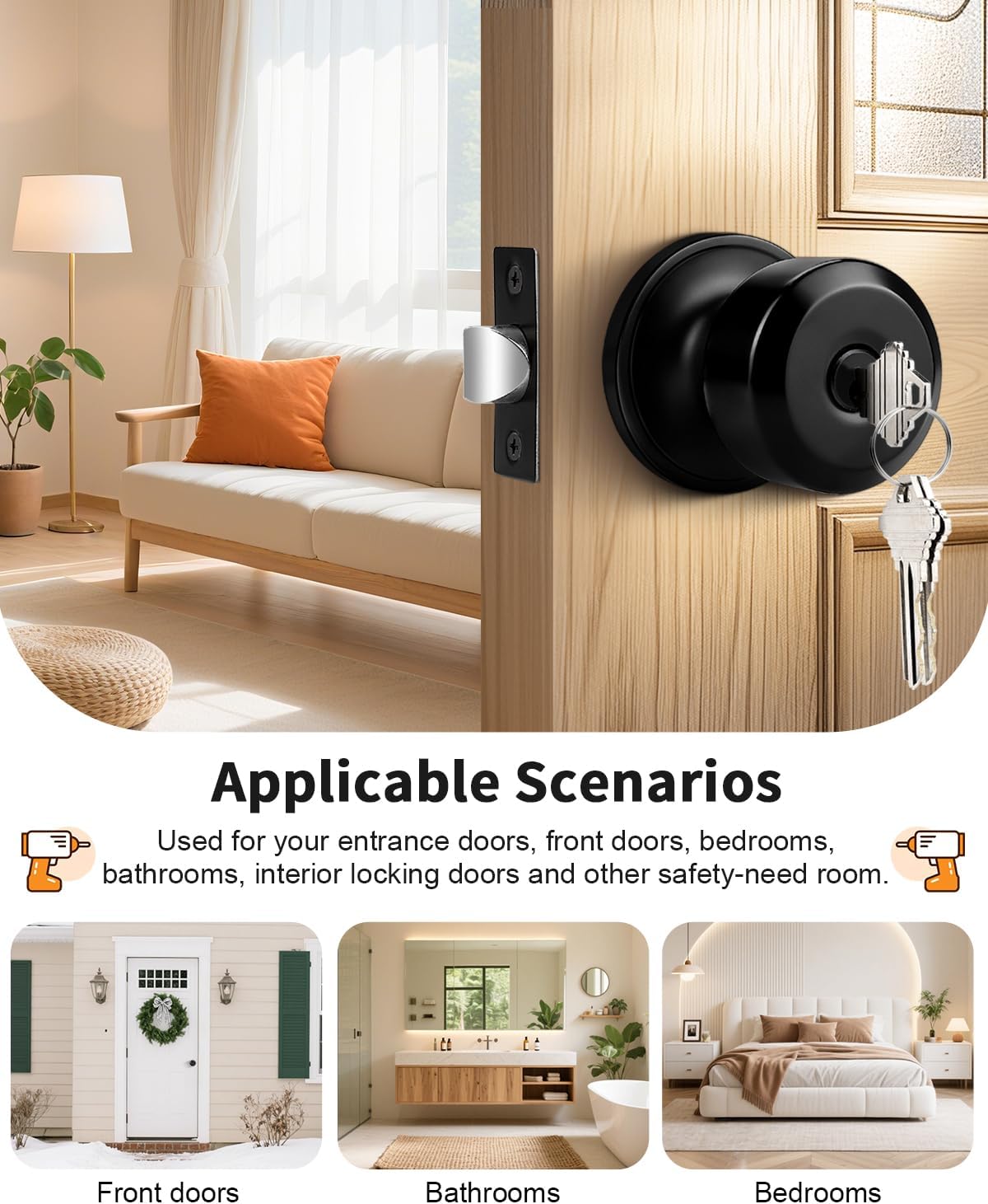 Probrico Keyed Alike Entry Black Door Knobs, Cylindrical Shape Knobs with Lock and Keys,Combo Packs 2 Pack