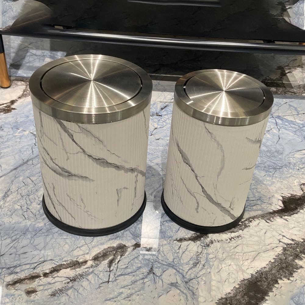 Bathroom Garbage can with lid，Small Trash Can with Flipping Lid, 4gallon,White and Silver Bathroom Trash can for Bedroom，Living Room,Hotel (15L-Ink Painting)