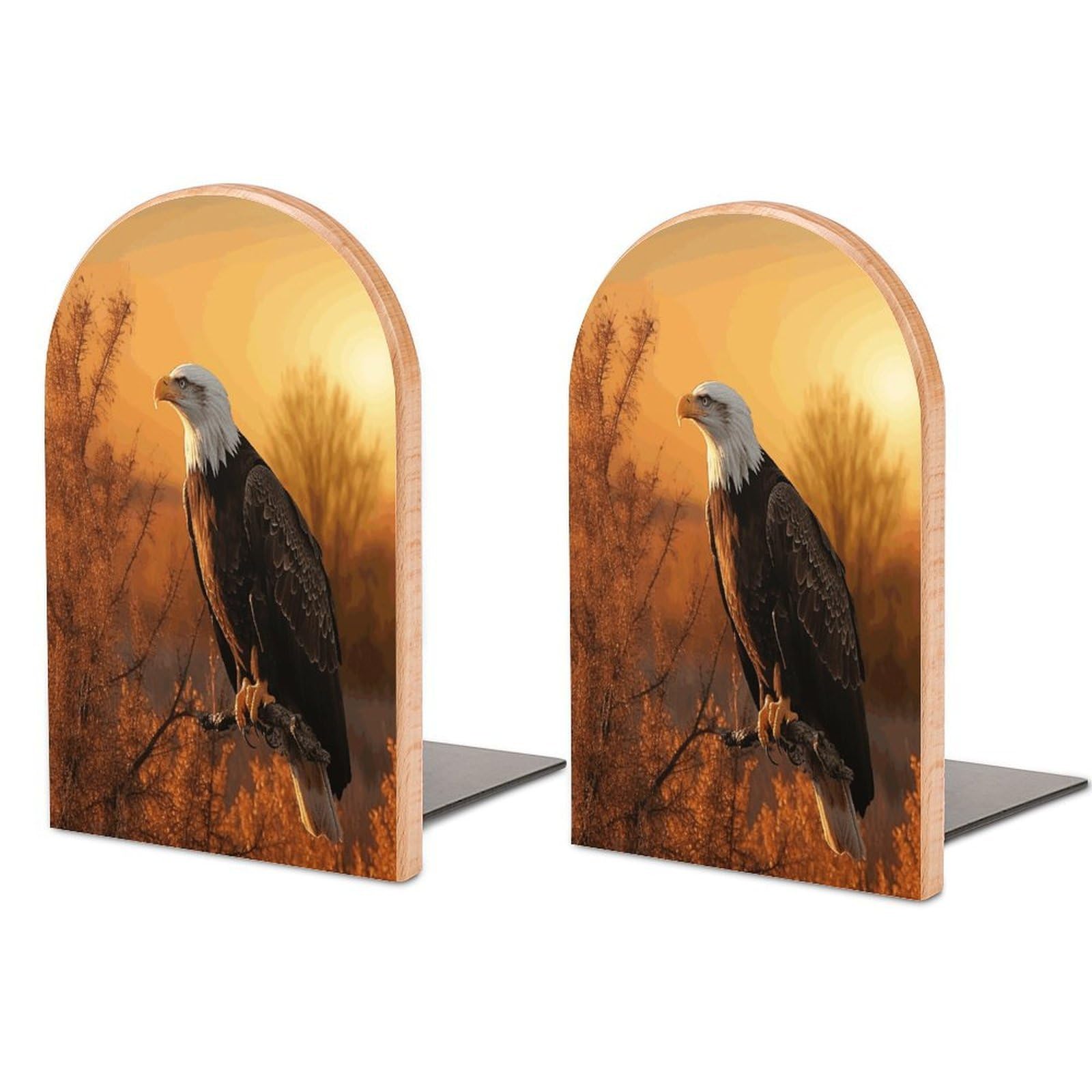 Golden Sunset Bald Eagle Bookends Modern Bookends for Shelves Fashion Heavy Duty Book Stopper Sturdy Non-Skid Metal Base Wood Book Ends for Library Home Office 1 Pair