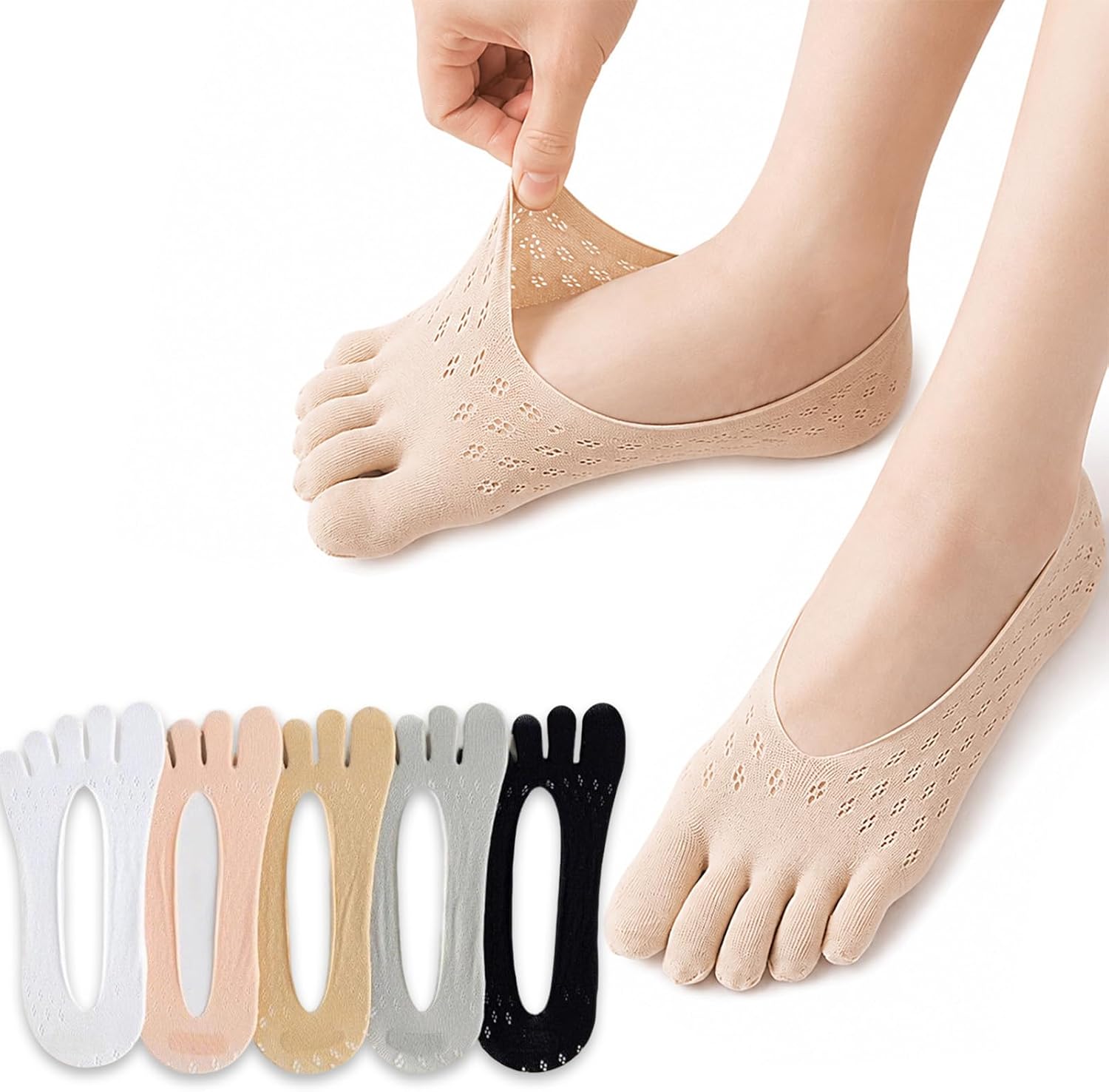 5 Pairs Women's No Show Five Toe Socks, Breathable Finger Liner Socks with Non-Slip Silicone Grip, Low Cut Invisible Separate Toe Socks for Summer Flats Loafers Sneakers