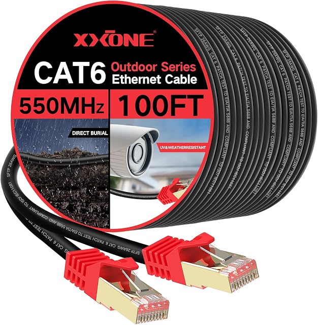 XXONE Outdoor Cat 6 Ethernet Cable 100ft, 26AWG Heavy-Duty Cat6 Networking Cord Patch Cable RJ45 LAN Wire Cable FTP Waterproof Direct Burial