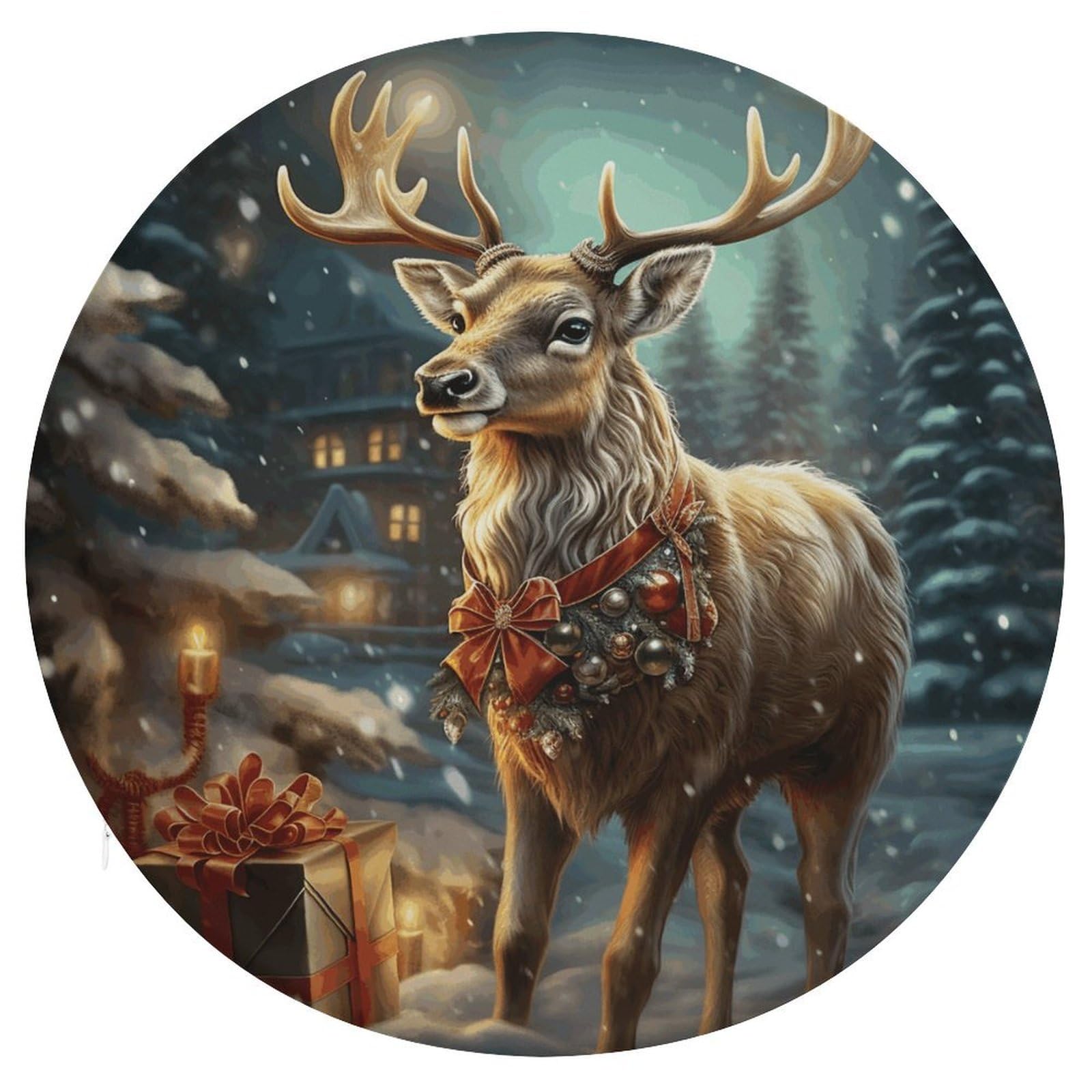 LZQPOEAS Reindeer Round Chair Cushion 15 Inch, Detachable Memory Foam Seat Cushion,Circle Stool Cushion, Soft Round Chair Pad with Removable Cover