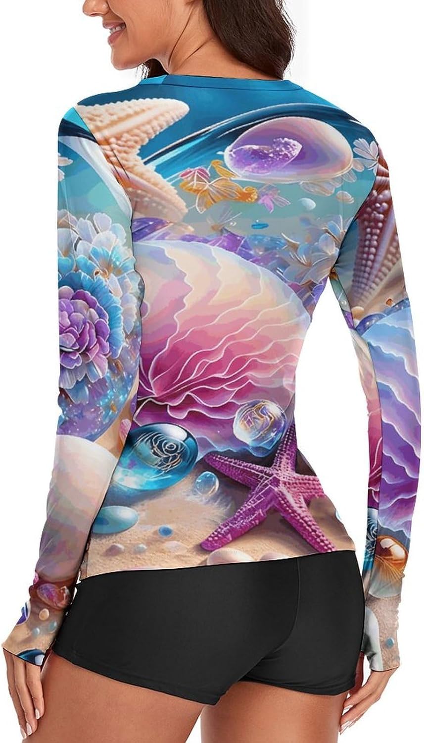 Beach Seashells Rash Guard for Women UPF 50+ UV Sun Protection | Long Sleeve Workout Top Quick Dry Athletic Hiking Shirt Moisture Wicking Swim Shirt for Running, Cycling, Swimming
