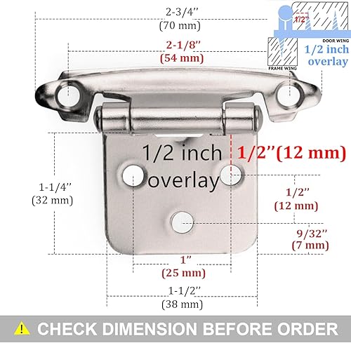 Miniatura 9 de Double Elite Bisagras de gabinete de níquel cepillado satinado superpuestas de 12 pulgada, 25 pares (50 unidades), bisagras de cierre automático