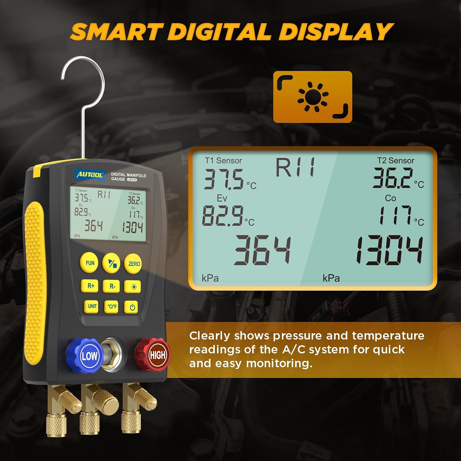 AUTOOL LM120 Digital Manifold Gauge – Intelligent Refrigerant Leak Detector for Automotive AC, Dual Pressure & Temperature Testing, HVAC Service Tool
