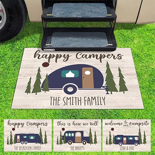 Felpudo personalizado de Happy Campers RV  Tapete personalizado para puerta de campamento, accesorios para interiores y exteriores, decoración de