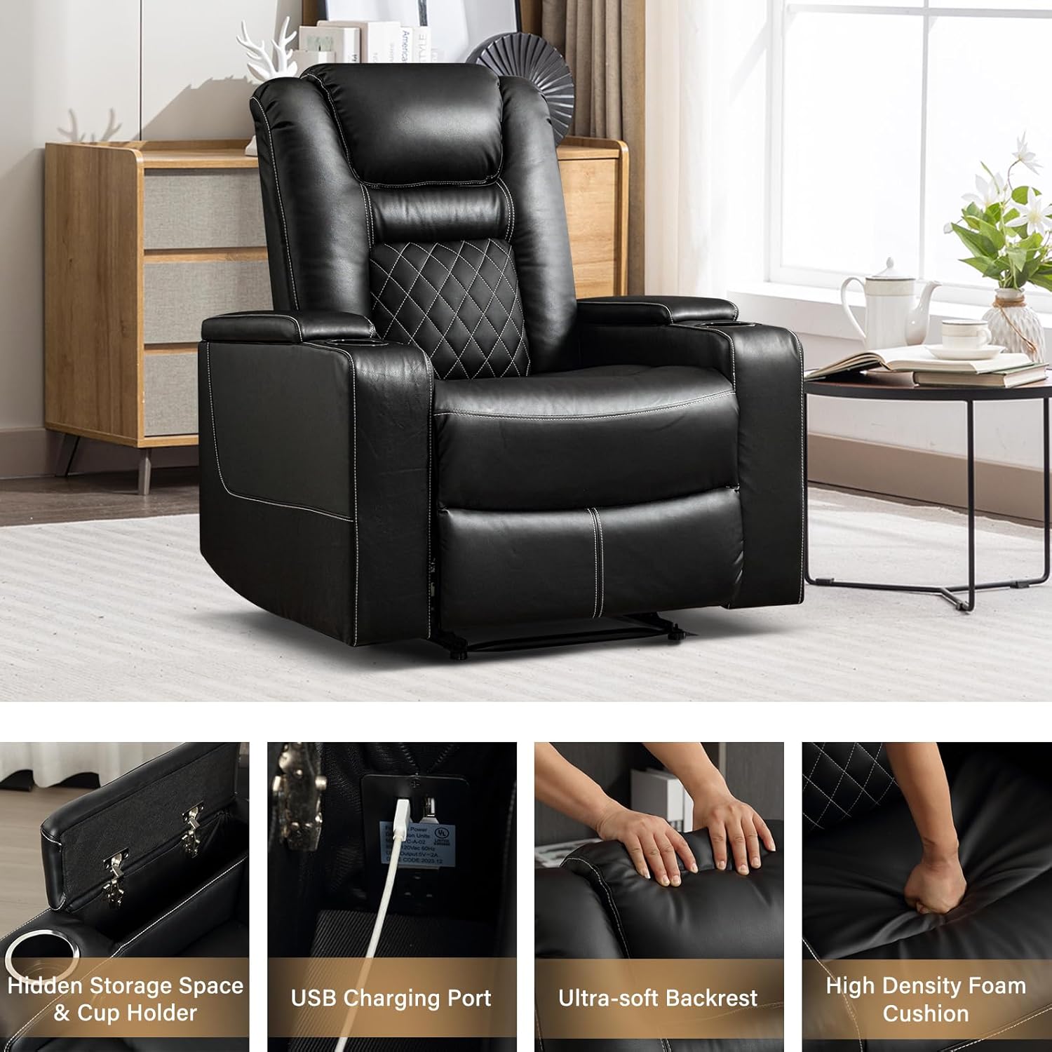 CANMOV Power Home Theater Seating Set,PU Leather 3 seat Power Theater Recliner Sofa and Recliner Chair with Cup Holders,USB Ports and Hidden Arm Storage for Living Room,Black