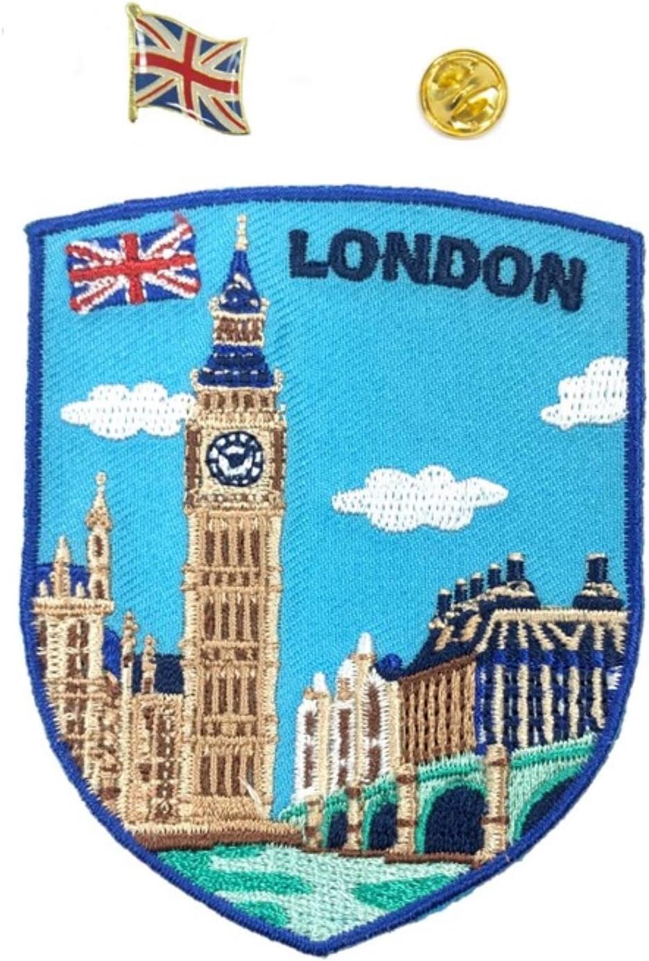 A-ONE 2 PCS Pack-London Big Ben Embroidery+England Flag Lapel Pin, Clock Tower Patch, London Landmark Applique, Vintage Patch, Sew on Iron on Stick on Jeans Jackets Shirts NO.384P