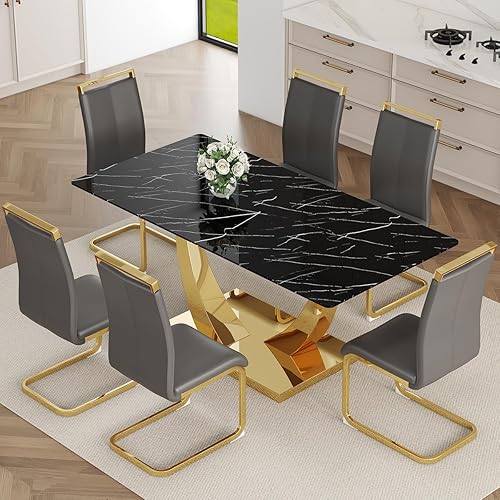 Miniatura 31 de Juego de mesa de comedor de mármol sintético para 6, mesa de comedor moderna de 71 pulgadas para 6, mesa de cocina dorada de lujo y 6 sillas de Mesa