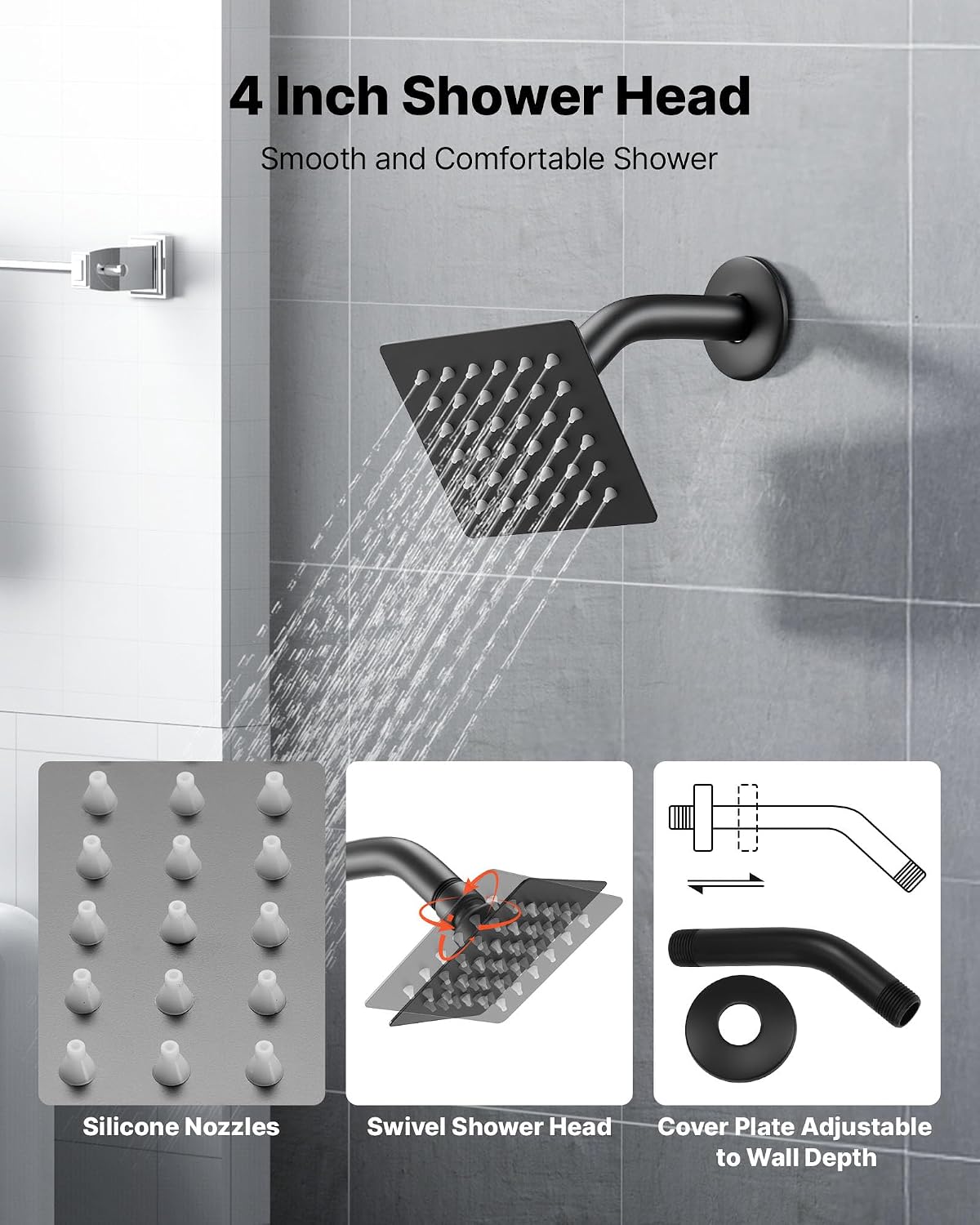 VEVOR Tub and Shower Faucet Set, Complete with 4-Inch Rainfall Shower Head and Bathtub Spout, Single-Spray Single-Handle Tub Trim Kit with 304 Stainless Steel Valve Trim for Bathrooms, Matte Black