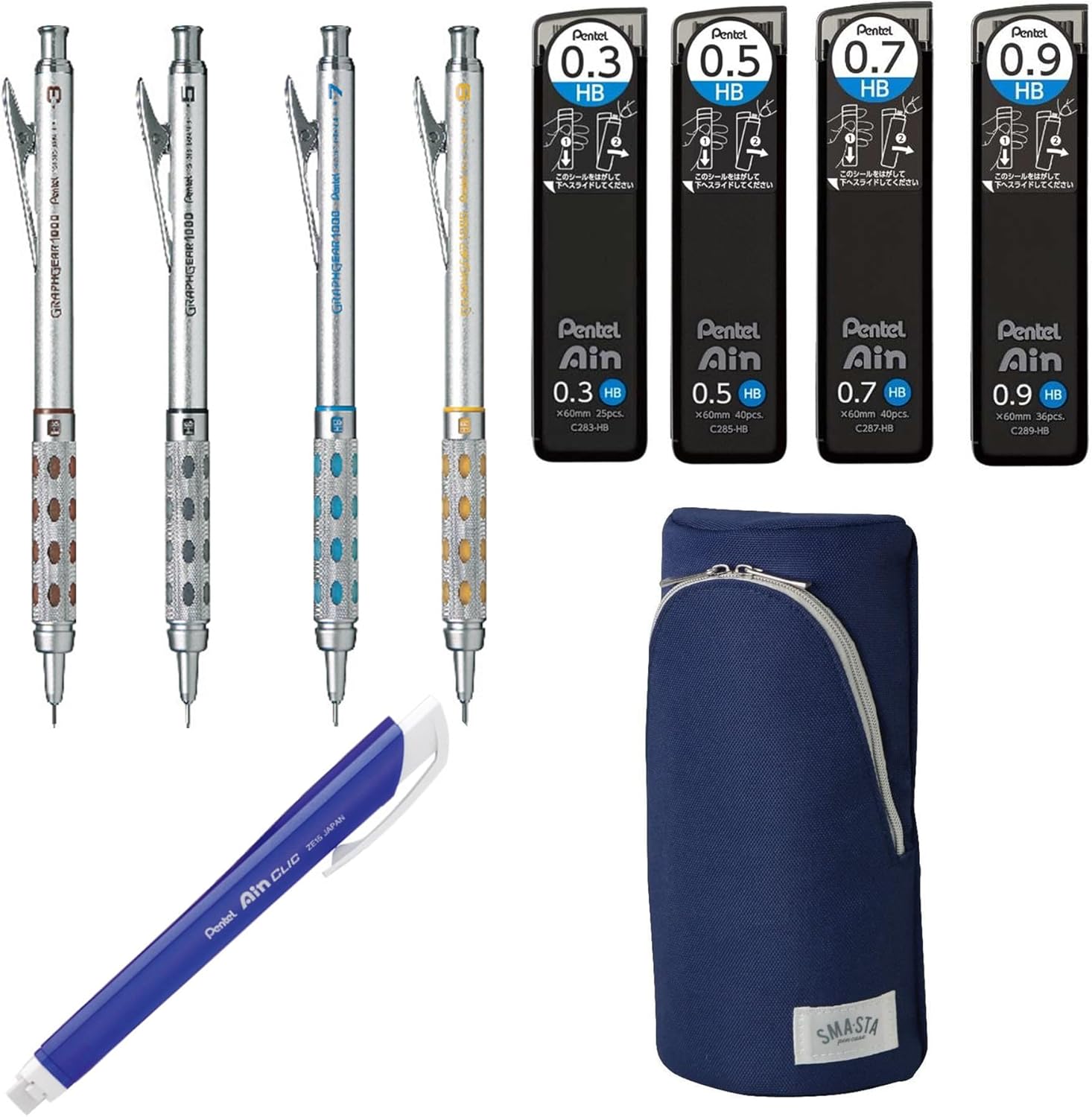 Four Graphgear 1000 Mechanical Pencil Set- 0. 3mm, 0. 5mm, 0. 7mm & 0. 9mm / Four Rerill Leads/Pen-type Triangle Eraser/Sonic Sma Sta Navy Blue Pen Telephone Case