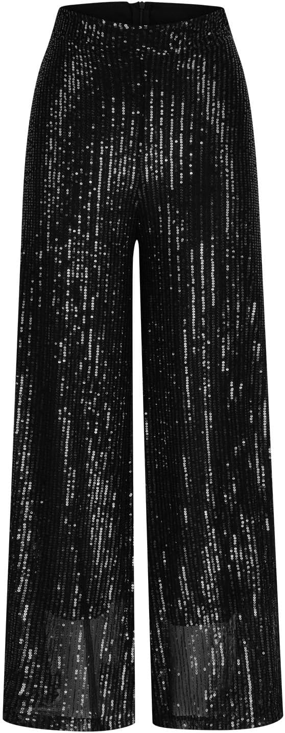 Women's Summer Sequin Trousers High Waist Sparkly Lounge Pant Pleated Wide Leg Shiny Pants Going Out Party Outfits
