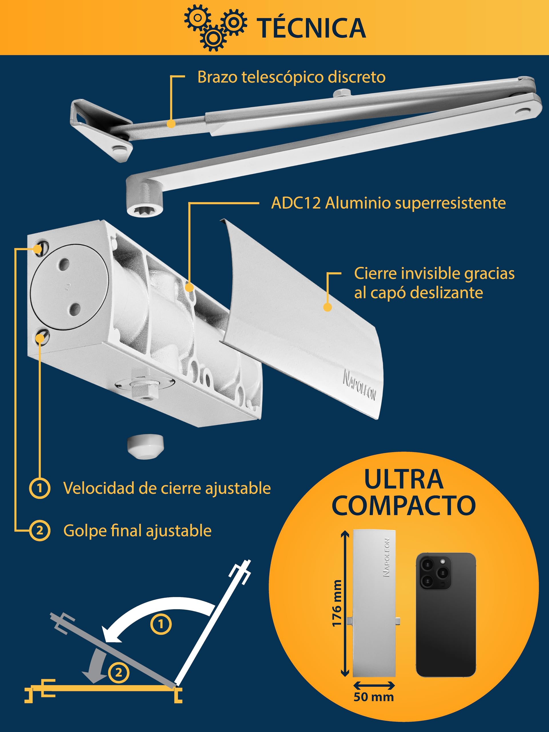 NAPOLEON N-1000 Cierrapuertas Automático Robusto - Normas EN1154/EN1634 - Comercial & Residencial - Puertas de 20Kg a 60Kg Tamaño 3 - Plantilla de Taladros - Instalación Fácil y Rápida (Blanco)