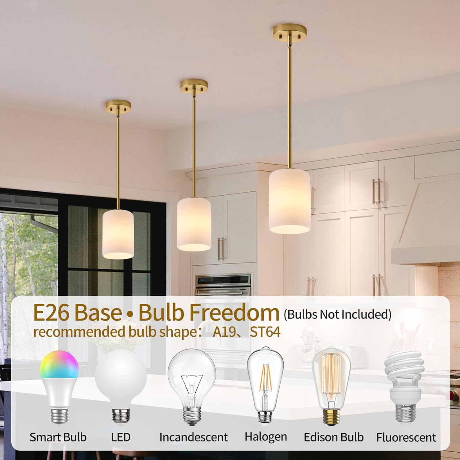 2 Pack Brushed Gold Pendant Lights Kitchen Island, 5 Inch White Frosted Glass Shade Modern Farmhouse Pendant Light Fixtures Adjustable Stem Rod, Industrial Pendant Lighting for Over Sink