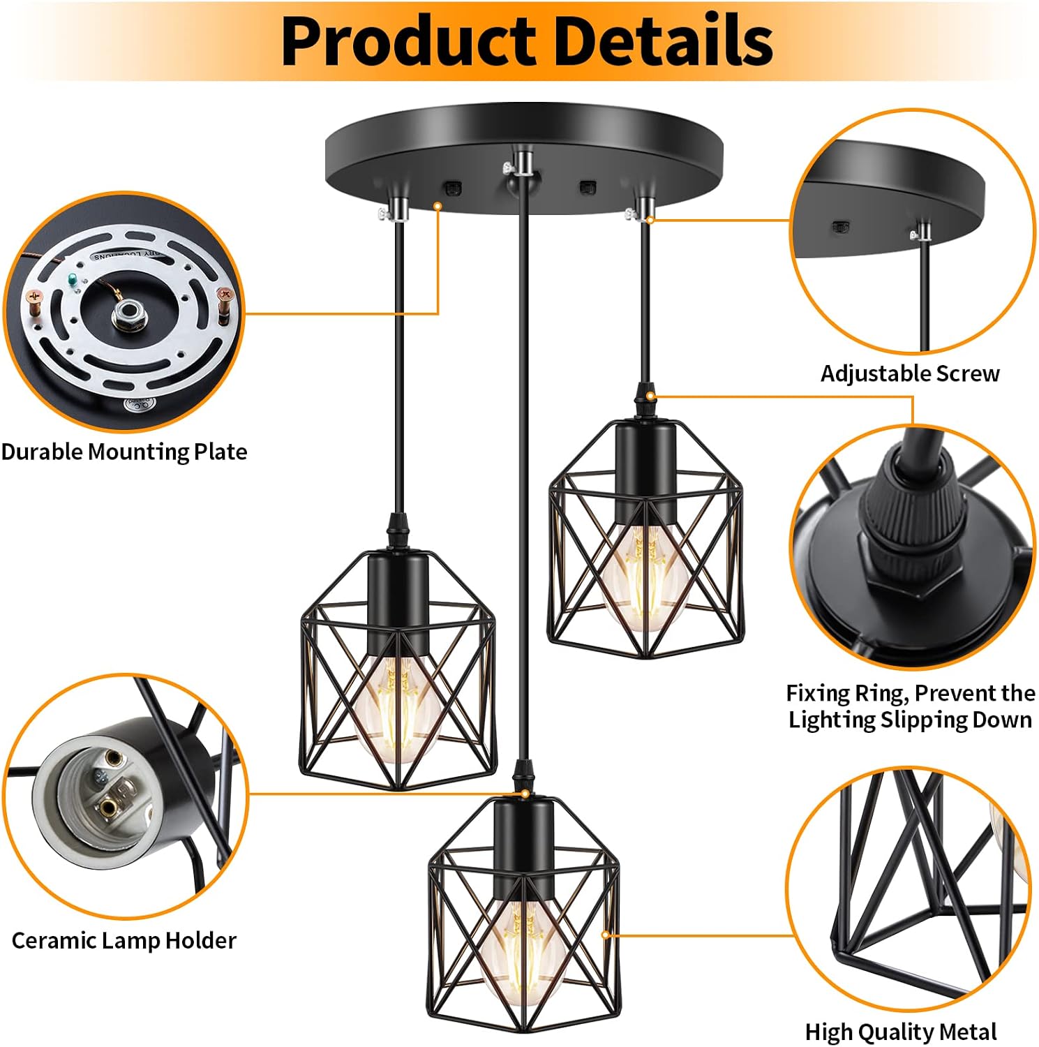 Licperron Industrial 3-Light Pendant Light, Adjustable Kitchen Hanging Ceiling Light Fixtures with Metal Cage, Black Farmhouse Pendant Lighting for Kitchen Island Dining Room Hallway, E26 Base