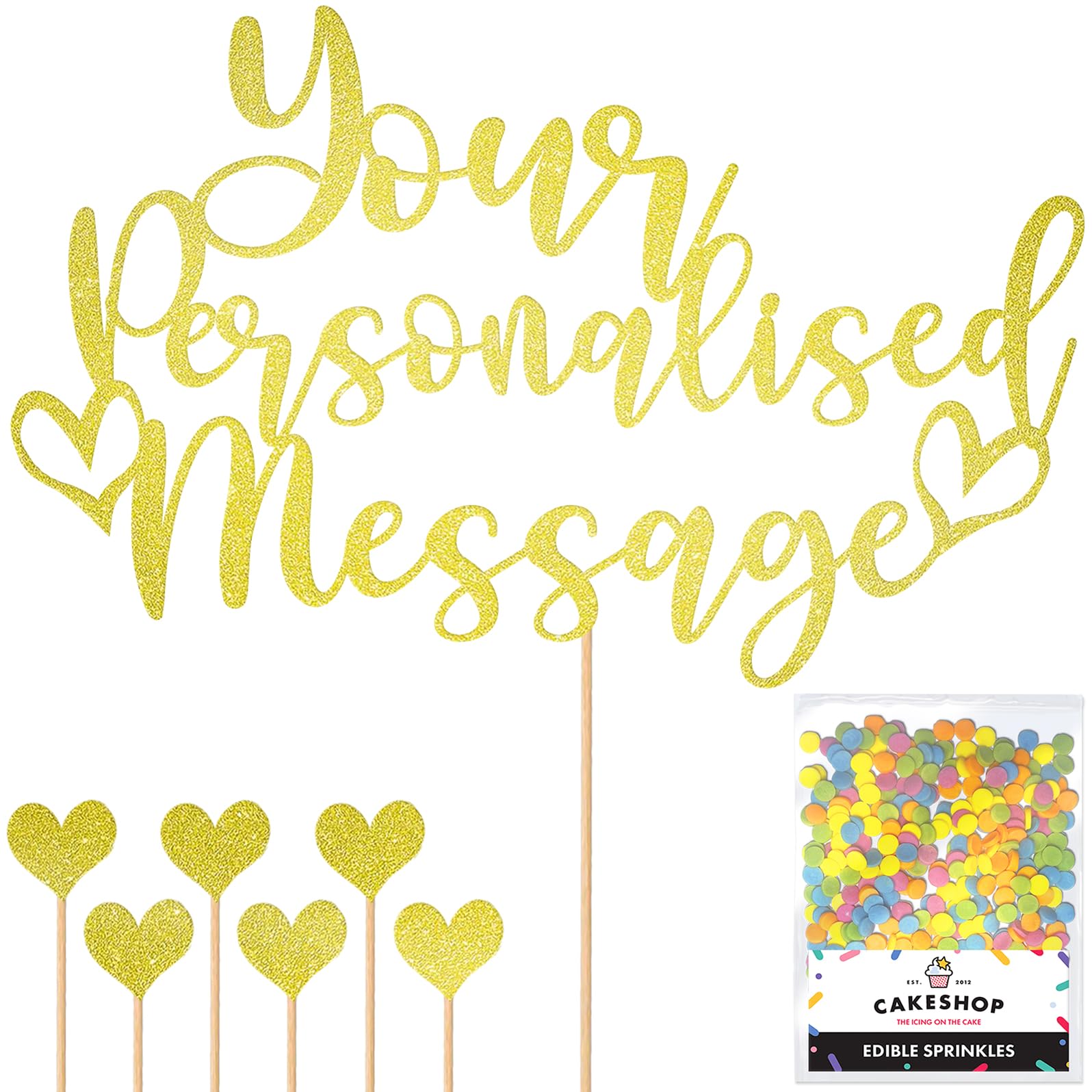 Any Text Personalised Glitter Cake Topper - Champagne Name, Age, Words Glitter Cake Decoration and Sprinkles - Happy Birthday Decorations - Personalised Toppers for Cakes by Cakeshop