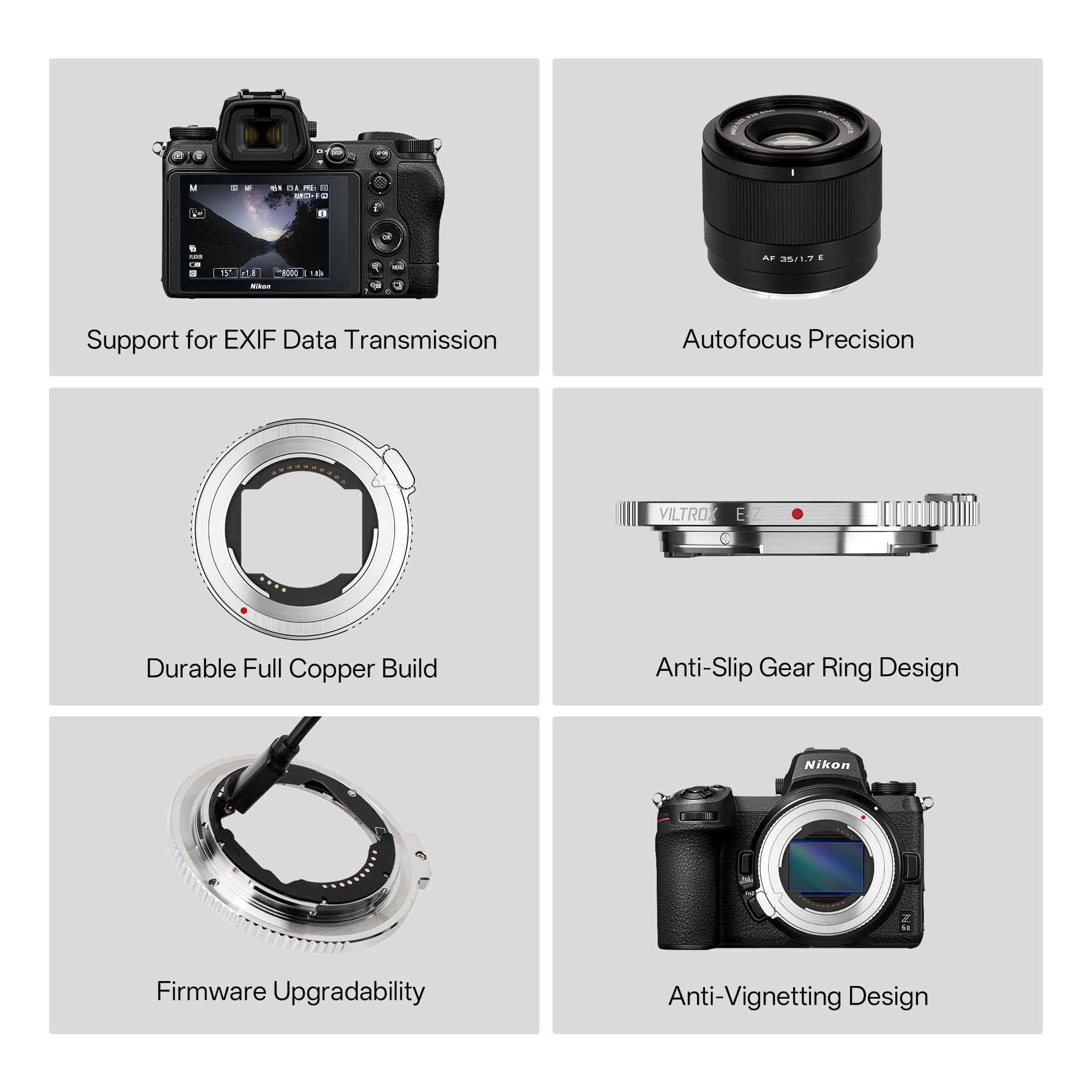VILTROX Adattatore di Montaggio Obiettivo con Autofocus E-Z per Obiettivi Sony E Mount su Fotocamere Z Z5 Z6 Z6II Z7 Z7II Z50 Zfc Z9 Zf Z3 – 4mm Ultra-Sottile, EXIF, Apertura Automatica, Interamente