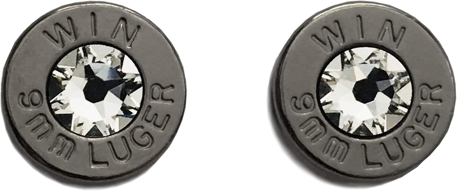 Black Rhodium Plated 9 Millimeter Ammo Bullet Cartridge Studs with April Themed Clear Crystals