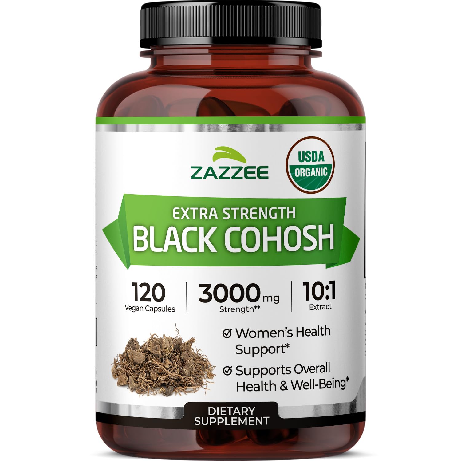 Zazzee USDA Organic Black Cohosh 10:1 Extract, 3000 mg Strength, 120 Vegan Capsules, 4 Month Supply, Standardized and Concentrated 10X Extract, 100% Vegetarian, All-Natural, Non-GMO, Made in The USAUSDA Organic