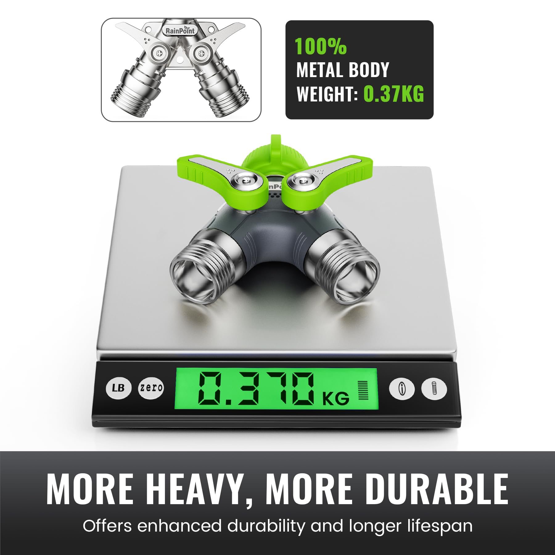 RAINPOINT Robinet Double 3/4", Corps 100% métal Distributeur 2 Voies avec Interrupteur indépendant et Adaptateur 3/4" 1/2", débit d'eau réglable et verrouillable, pour Machine à Laver, Jardins