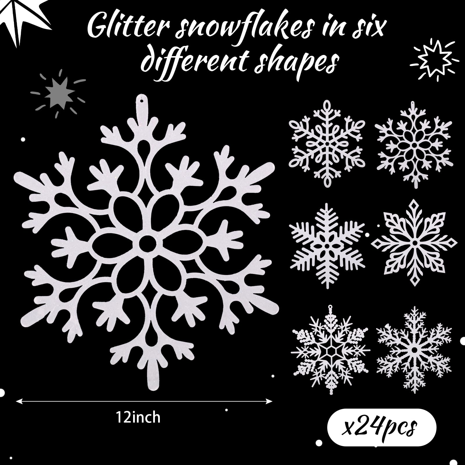 Sratte Lot de 24 grands flocons de neige géants à paillettes en plastique à suspendre pour intérieur et extérieur (30,5 cm, blanc)