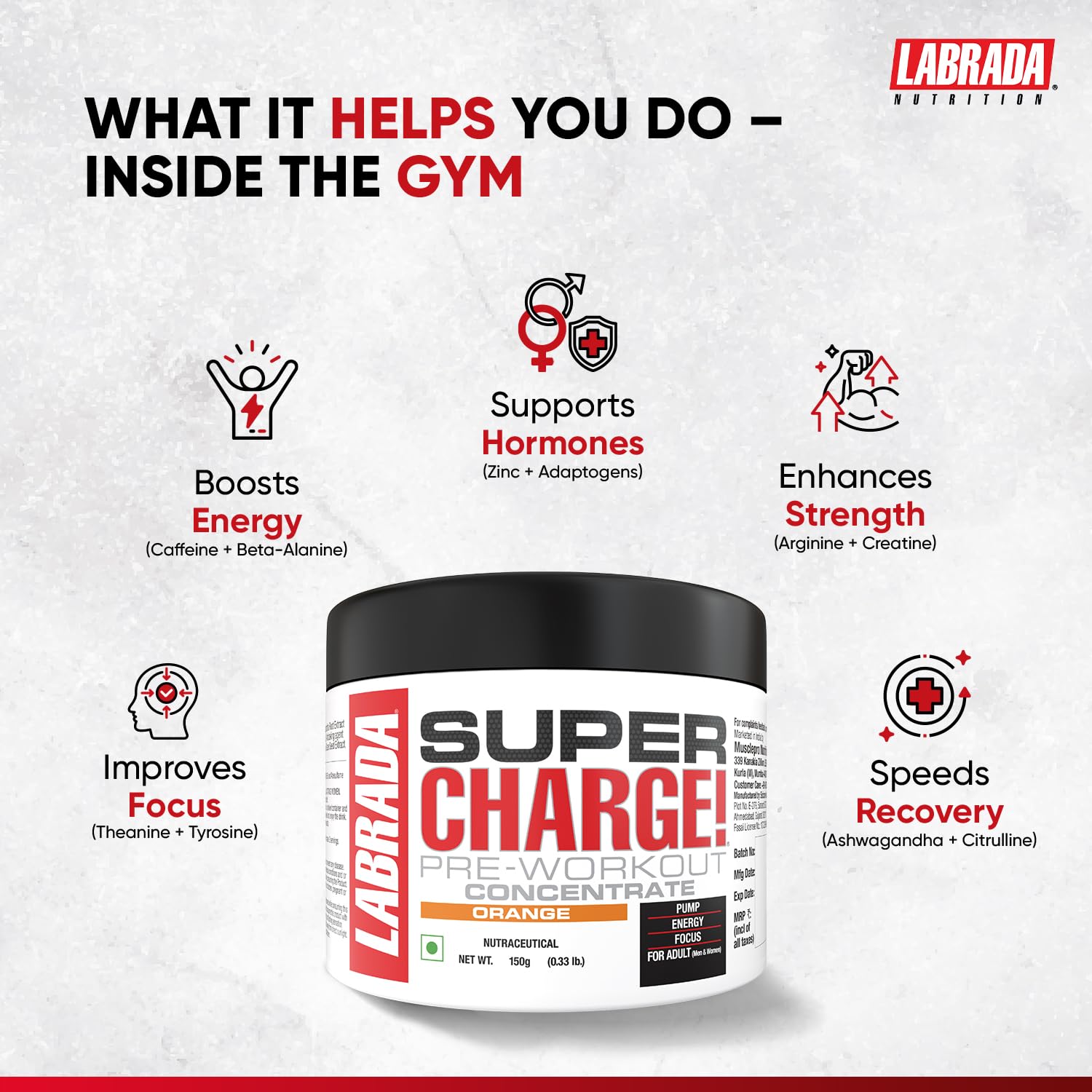 Labrada Super Charge Pre Workout Supplement for Men & Women | Energy, Focus & Muscle Pump Support | Orange Flavour | 150g — Amazon image 4