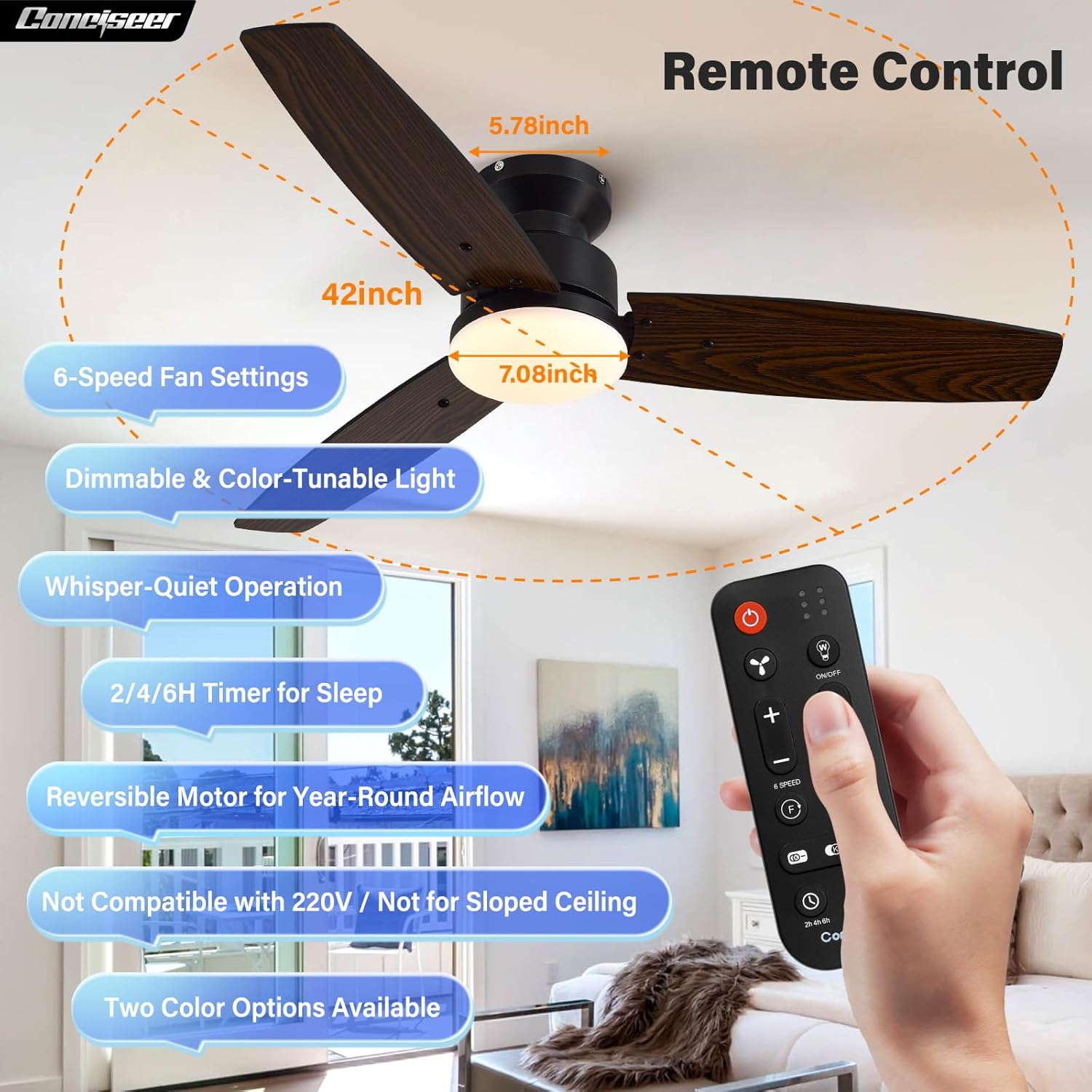 Modern 42 Inch Ceiling Fans with Lights and Remote, Bedroom Living Room Office, Flush Mount, 18W 3CCT Dimmable, Dual Color 3 Blades 6 Speed Reversible Quiet DC Motor, Black/Wood Grain