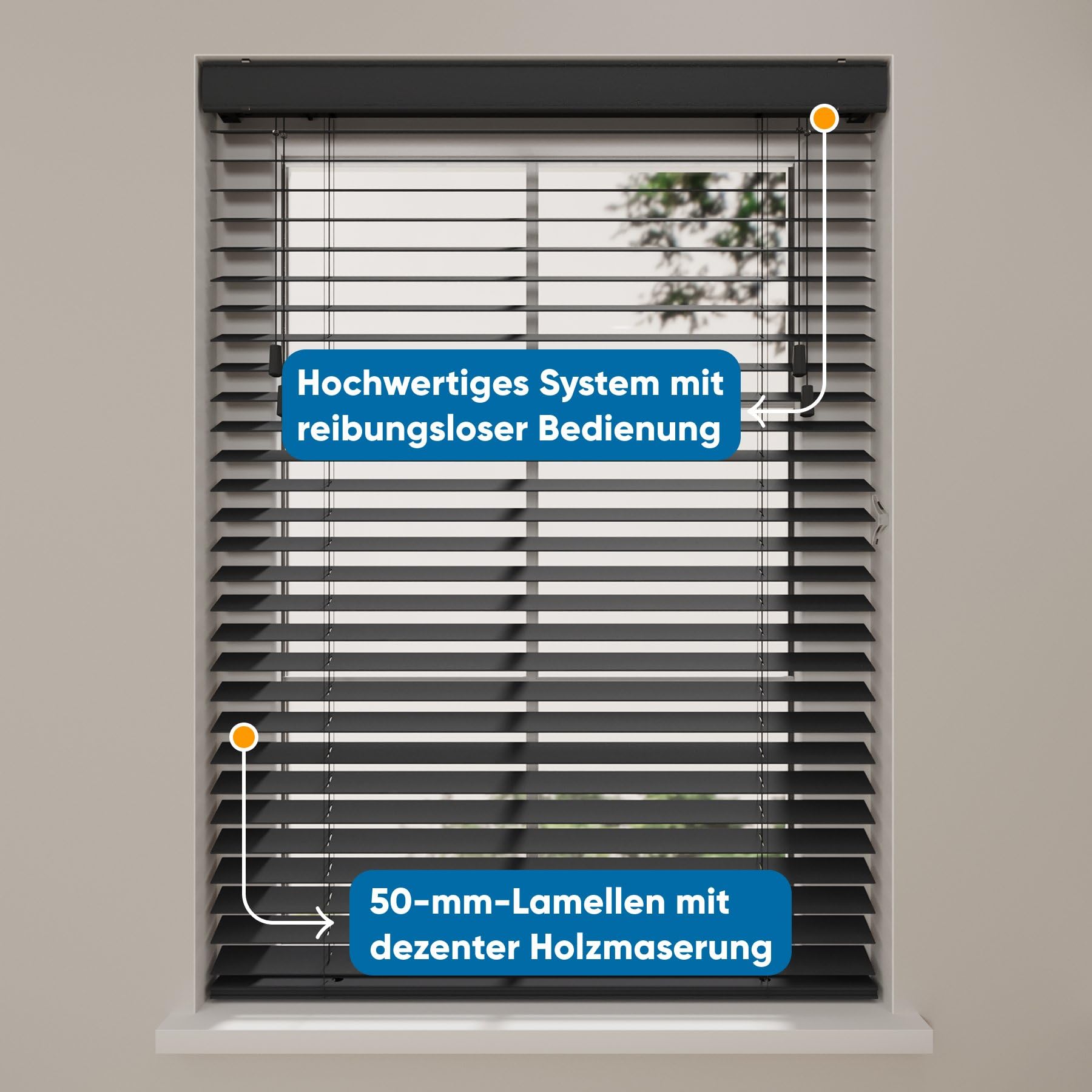 DTCH® Holzjalousie innen, schwarz, 100 x 130 cm | 50mm Lamellen, nachhaltiges Holz, Sicht- und Sonnenschutz, Lichtregulierung, Breiten bis 250 cm, kindersicher