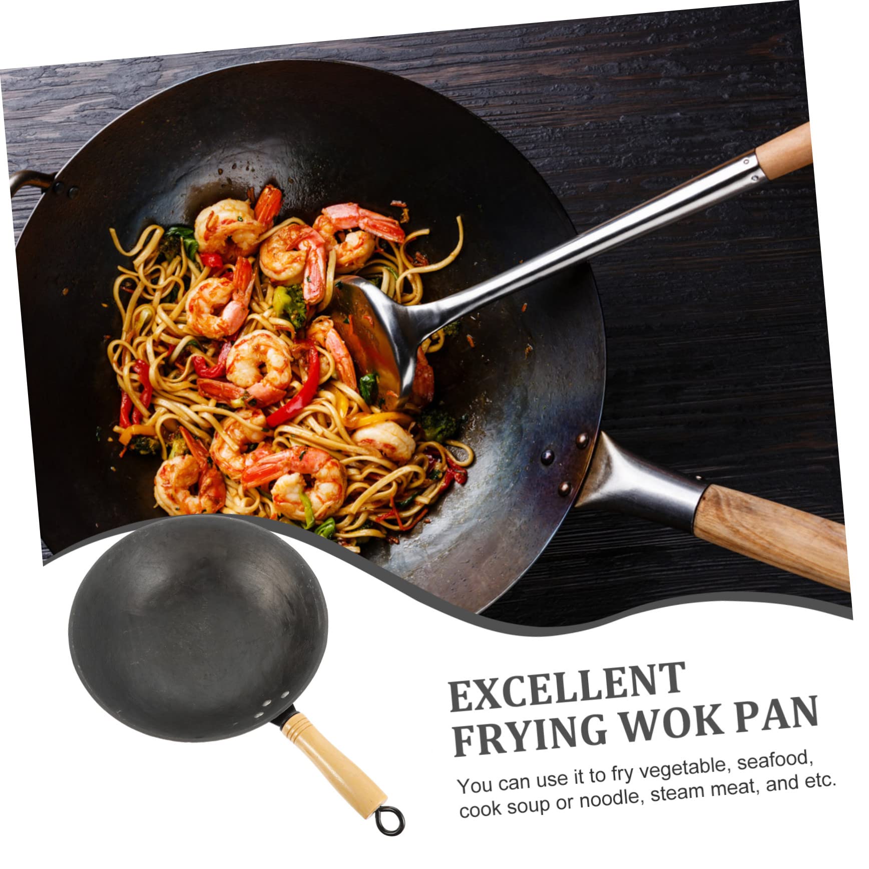 Cabilock Estufa Eléctrica Wok Hoya de Hierro Fundido Wok Tradicional para Estufa de Gas Mango de Madera y Excelente Durabilidad para Freír en Casa Estilo Aleatorio