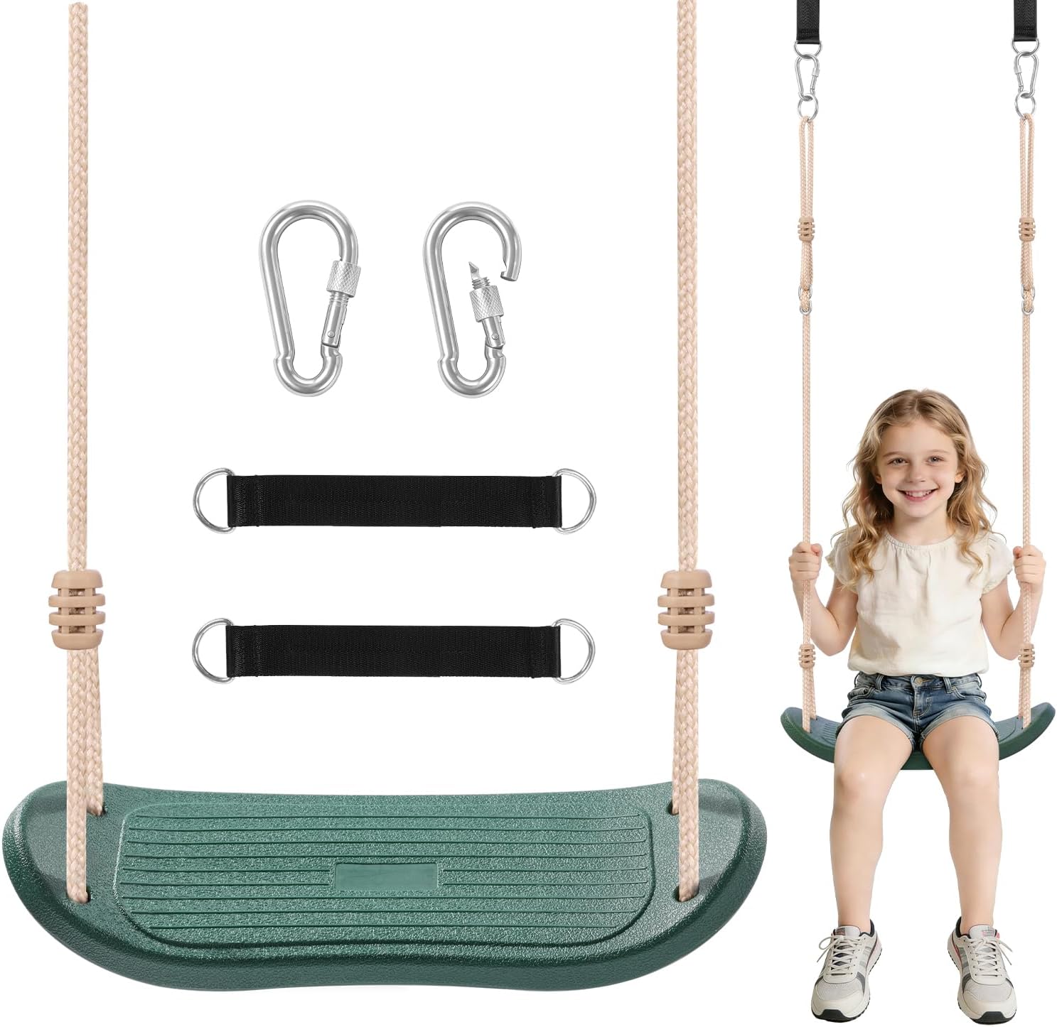 Weatherproof Kids Swing Seat,264lbs Heavy Duty Tree Swing with Ergonomic Design, Includes Hanging Straps & Carabiners for Tree or Swing Set, Outdoor Playground & Backyard Replacement - Green