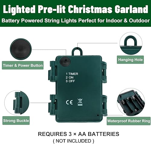 Miniatura 9 de Guirnalda de Navidad preiluminada de 9 pies con 100 luces y temporizador para manto, decoraciones al aire libre, guirnalda iluminada de Navidad con