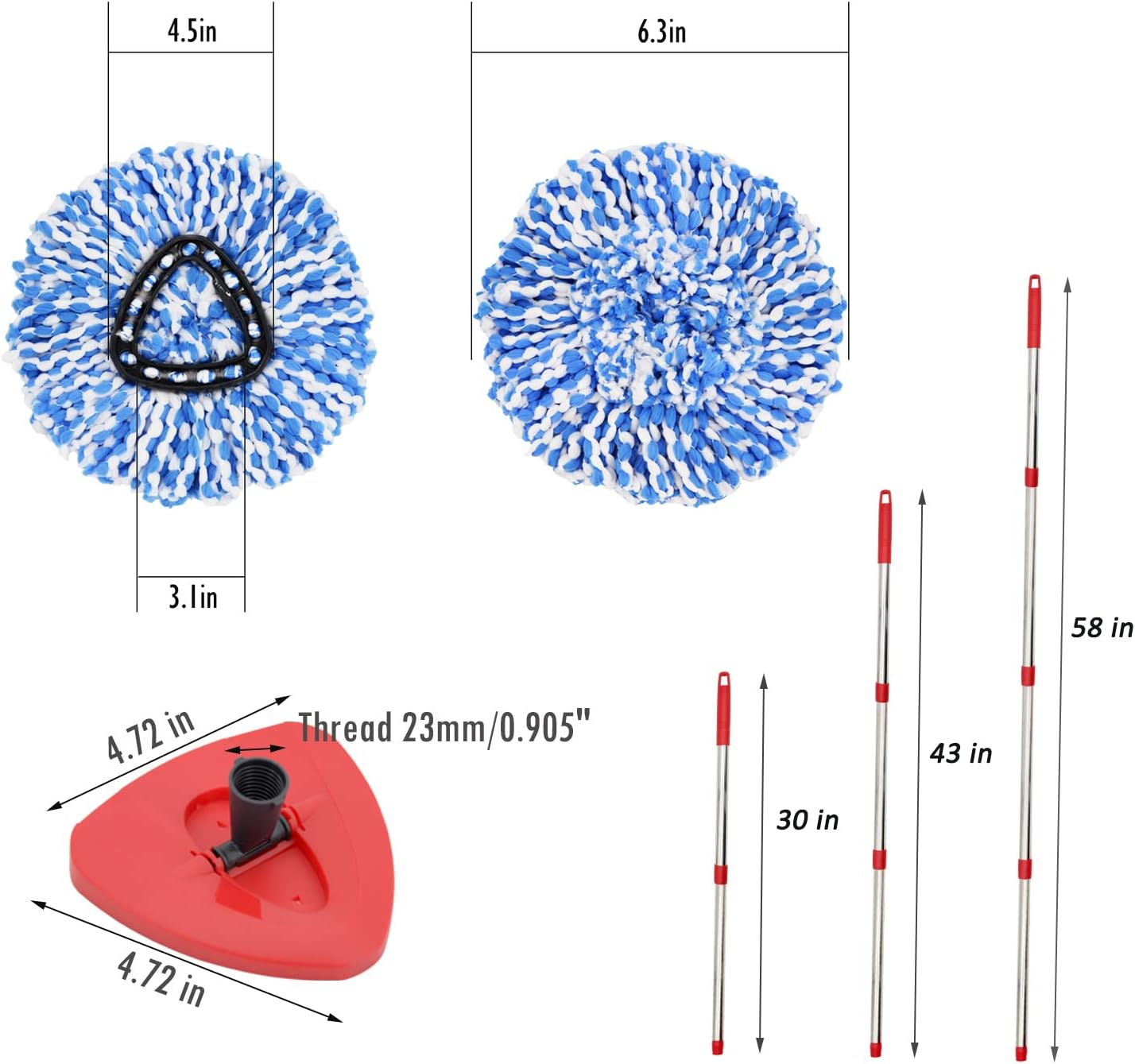 Mop Replacement Head , Base, Handle Compatible with Oceda 2 Tank System 4 Pack Spin Mop Replace Heads Microfiber Mop Refills for Deep Cleaning All Hard-surfaced Floors