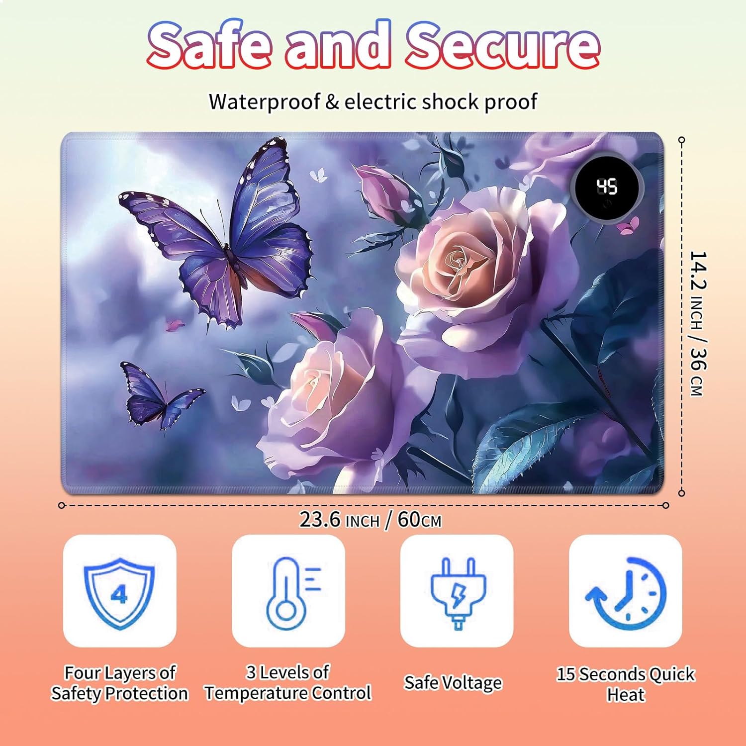 Heated Desk Pad Large Mouse Pad 23.6 x 14.1 inch with 3 Levels Heating & Auto Shut-Off Warm Mouse pad PU Leather Computer Mousepad for Home Office Work - Purple Rose Flower and Butterflies