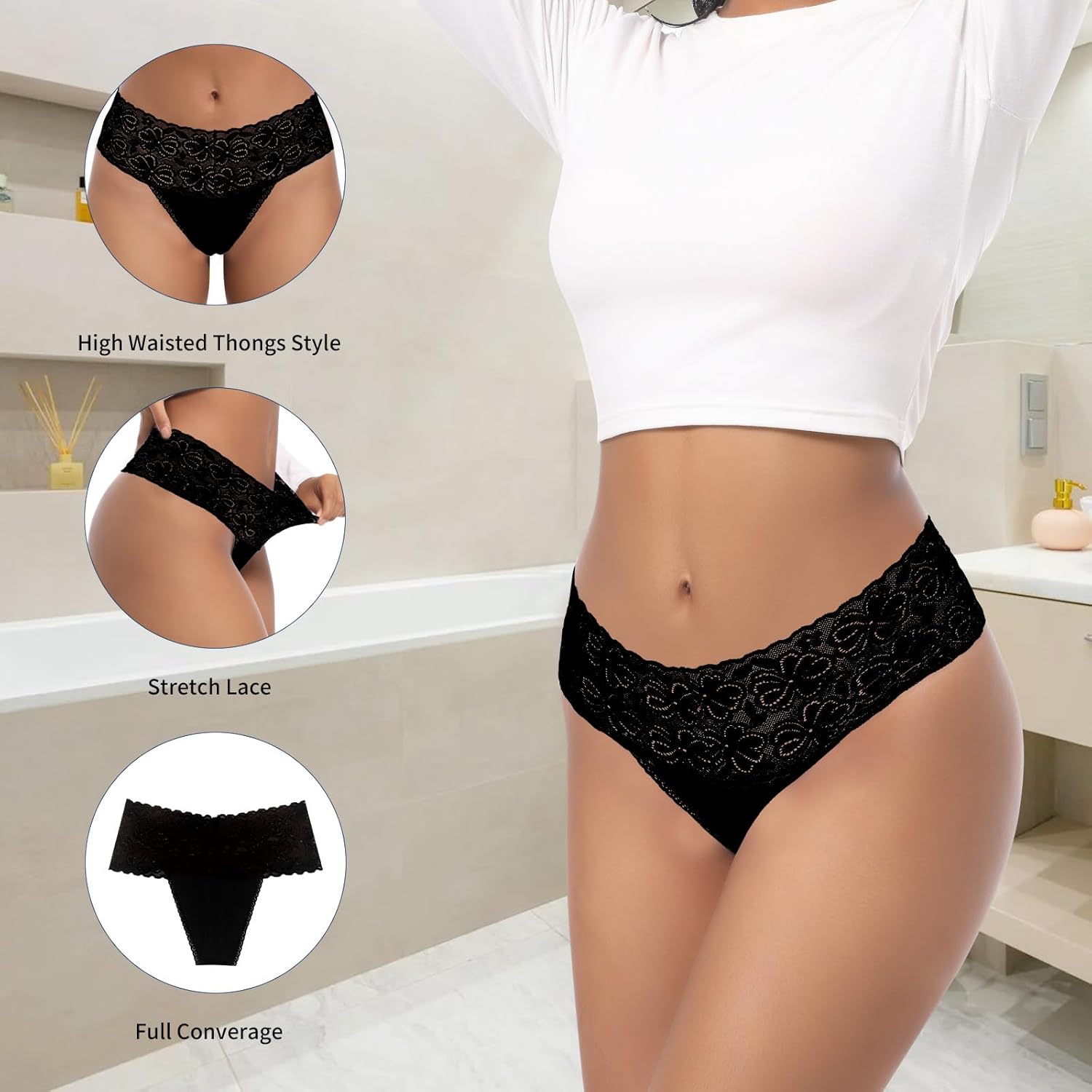 High Waist Cotton Lace Thongs Underwear For Women Plus Size Full Coverage Tummy Control Panties High Rise Multipack - Image 4