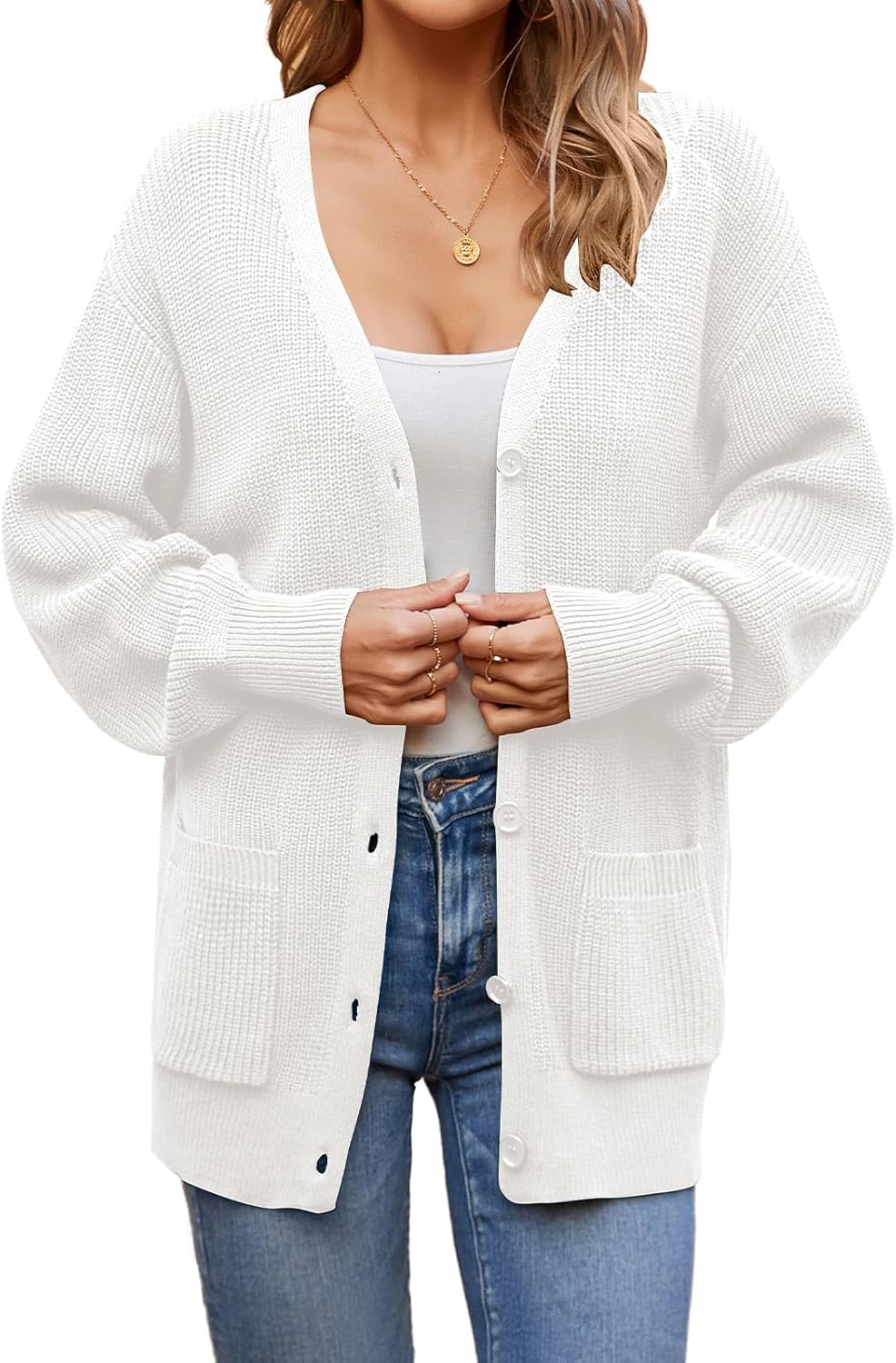 QUALFORT Women’s 100% Cotton Knit Cardigan Sweater – Oversized Fit, Button-Down Open Front, with Pockets