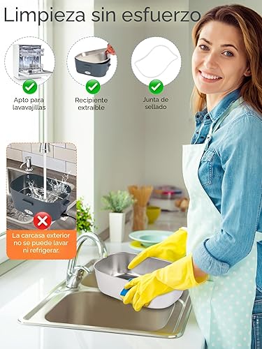 Miniatura 7 de Lonchera térmica, caja de almuerzo eléctrica de 80 W con dos recipientes y tapas intercambiables de acero inoxidable de 1.5 L, calentador de