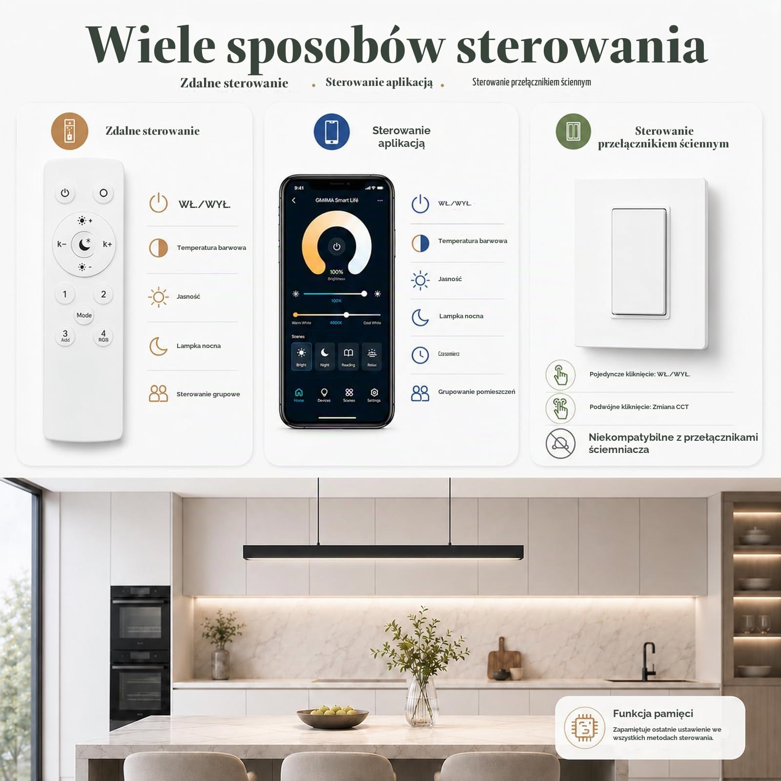 Lampa wisząca LED Jadalnia, Pilot & APP, Dekor Drewniany, Czarna, 100cm