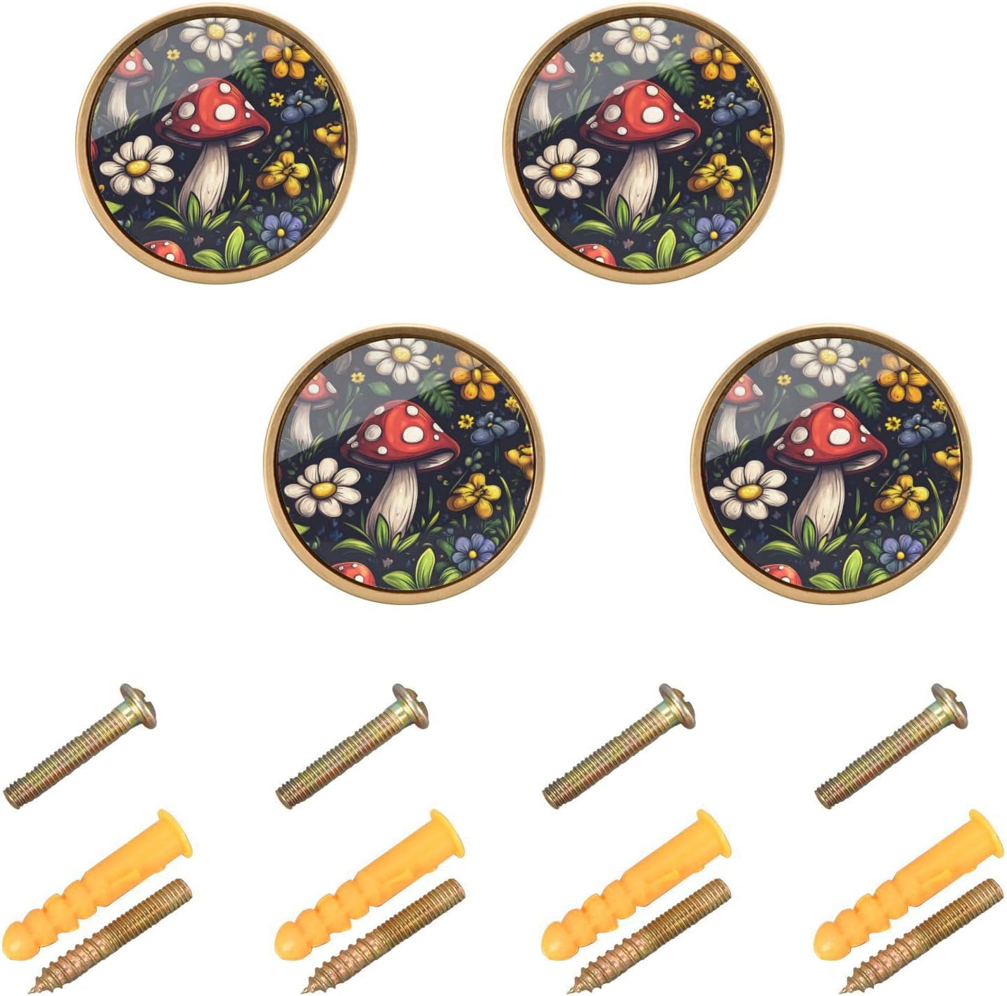 Vivid Mushrooms Cabinet Knobs 4 Pack Drawer Pulls 1-1/4 Inch Kitchen Cabinet Knobs, Round Dresser Knobs Cabinet for Home Furniture Decor