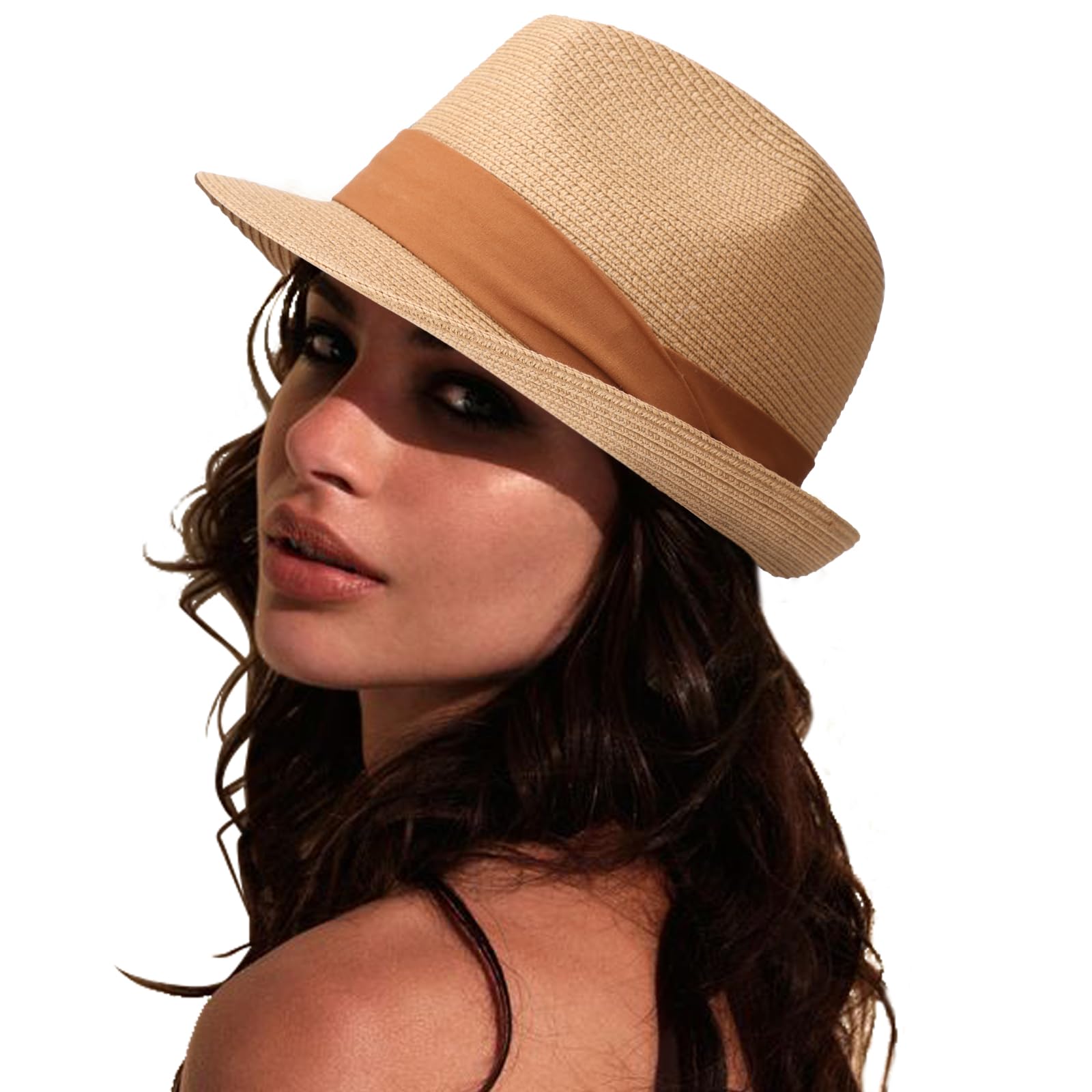 DRESHOW Women Straw Panama Hat Fedora Beach Sun Hat Short Brim Roll up Hat UPF 50+