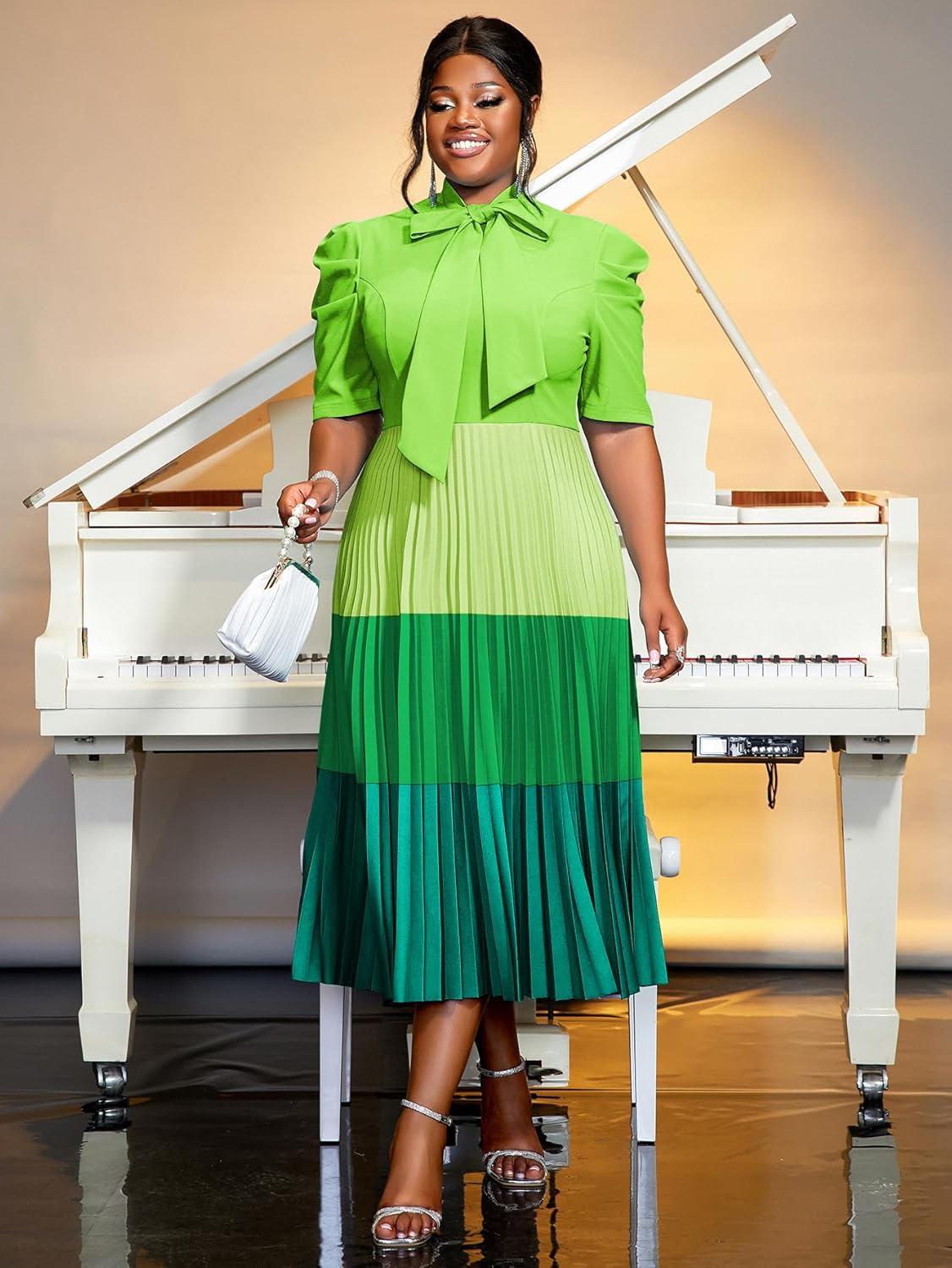 AOMEI Women's Colorblock Bowtie Neck Half Sleeve Pleated A-Line Midi Dress