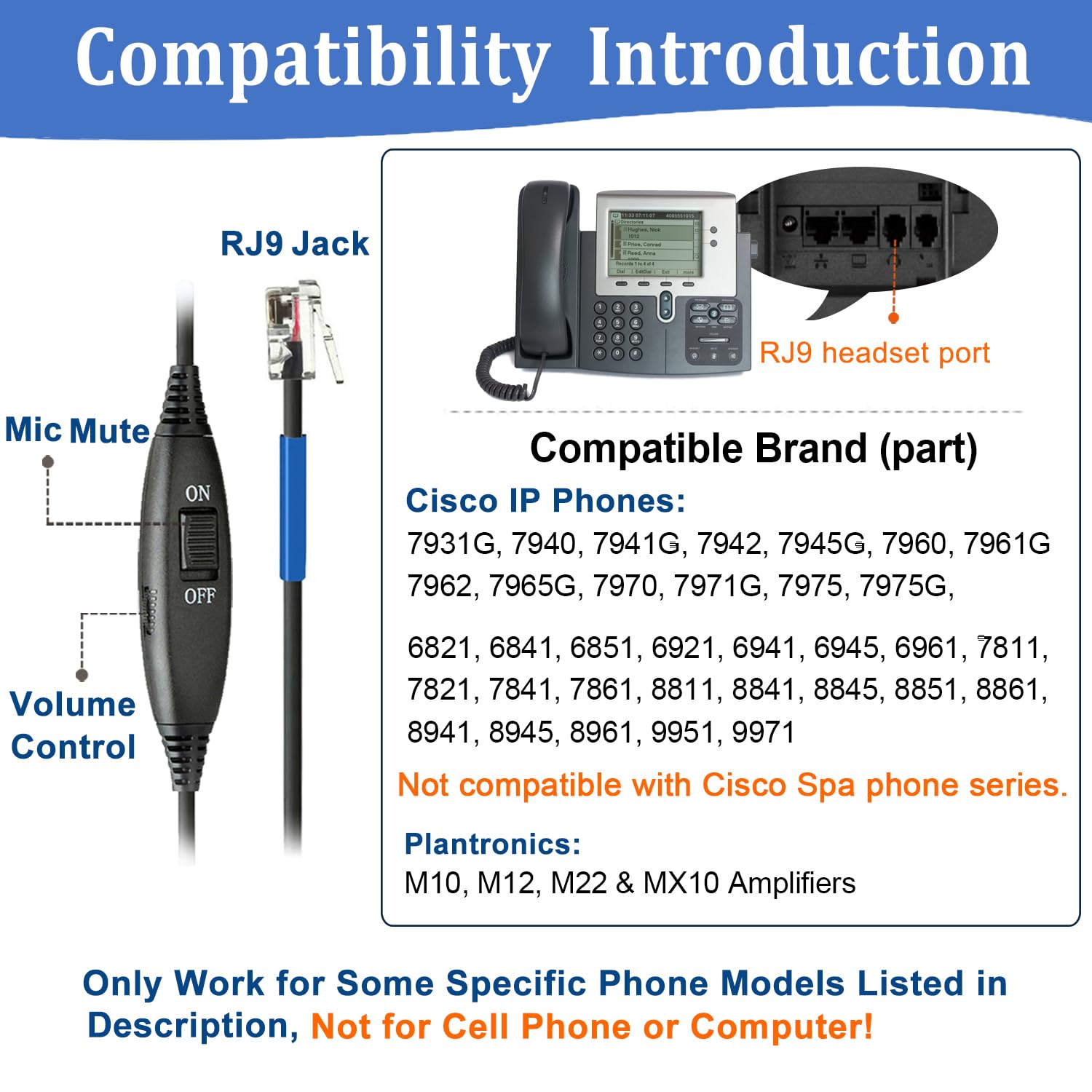 Casque Téléphone Fixe RJ9 avec Micro Anti-Bruit, Oreillette Téléphonique pour Cisco 7962G 7861 7821 7941G 8841 8845 8861 7811 6841 8945 9971 Plantronics M12 M22 Amplificateur Bureau Centre d'appel