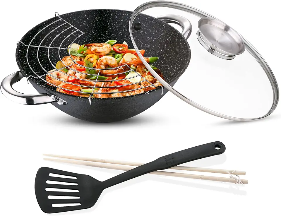 Cuisine asiatique maison 2026 : 50 indispensables wok, ramen, sushi RENBERG Wok Wasabi | Poêle à wok avec revêtement en marbre et couvercle en verre | Fonctio