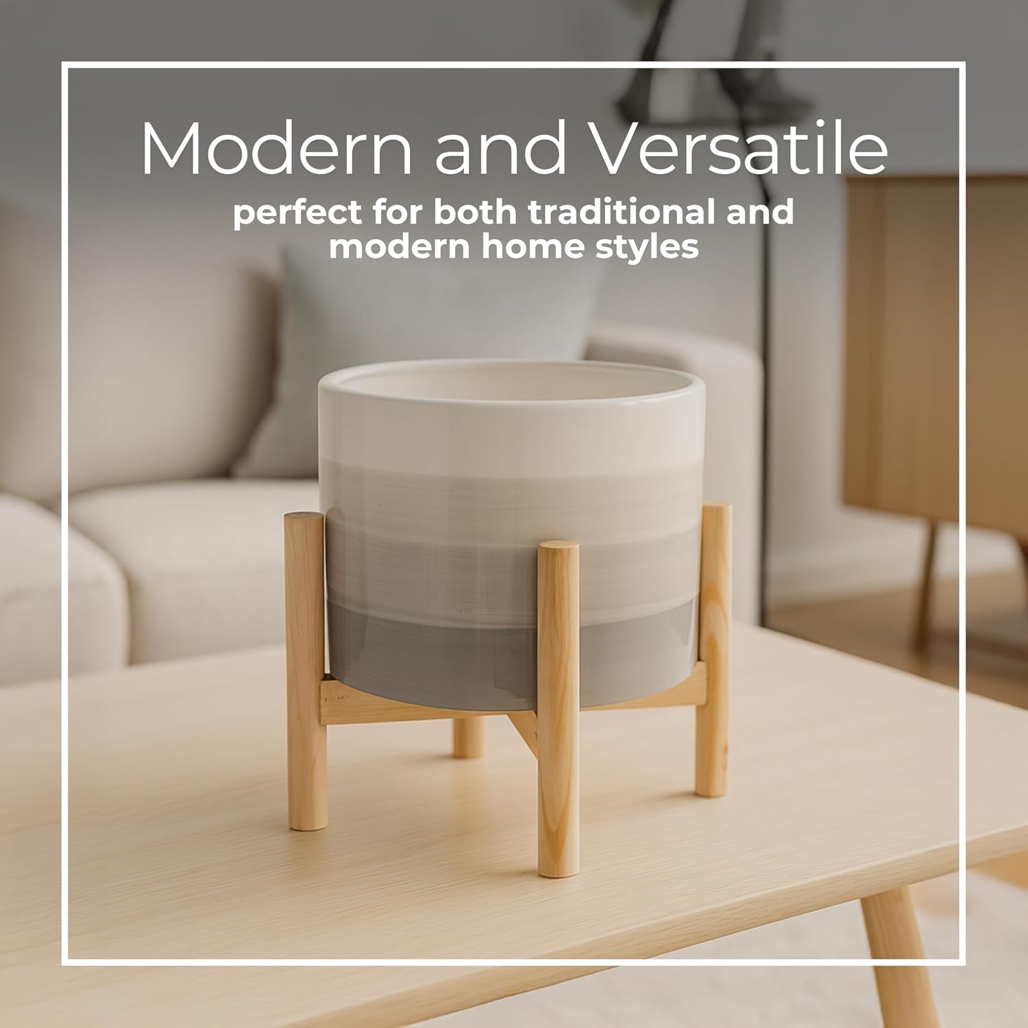 Ombre Decorative Planter Pot with Pine Wood Stand – Glazed Ceramic Stoneware Outdoor and Indoor Plant Pot – Modern Garden and Home Decor Planters – 8" x 9", Ivory & Tan image 4