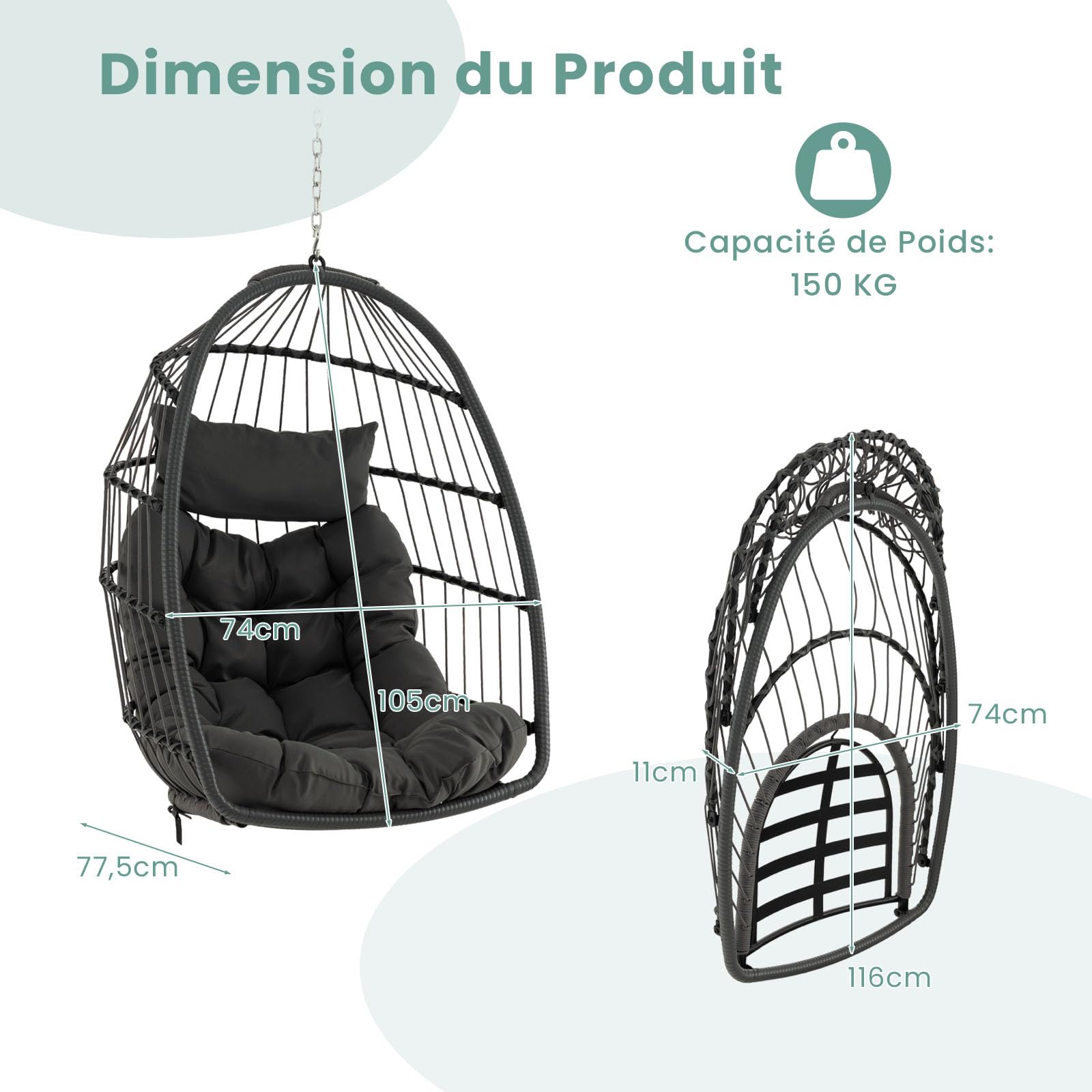 GOPLUS - Sillón colgante de huevo, silla columpio con almohada y cojín suave, silla colgante de ratán PE, diseño plegable para interior, exterior, dormitorio, terraza, jardín, capacidad 150 kg
