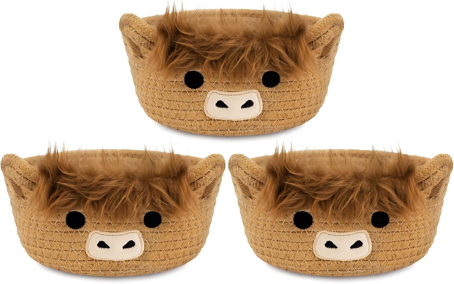 3 Pack Small Highland Cute Cow Storage Baskets for Organizing,Woven Decorative Gift Basket, Nursery Shelves Rope Cotton Storage Bins for Gifts Empty, Mini Burr Baby Shower with Handles,7 IN