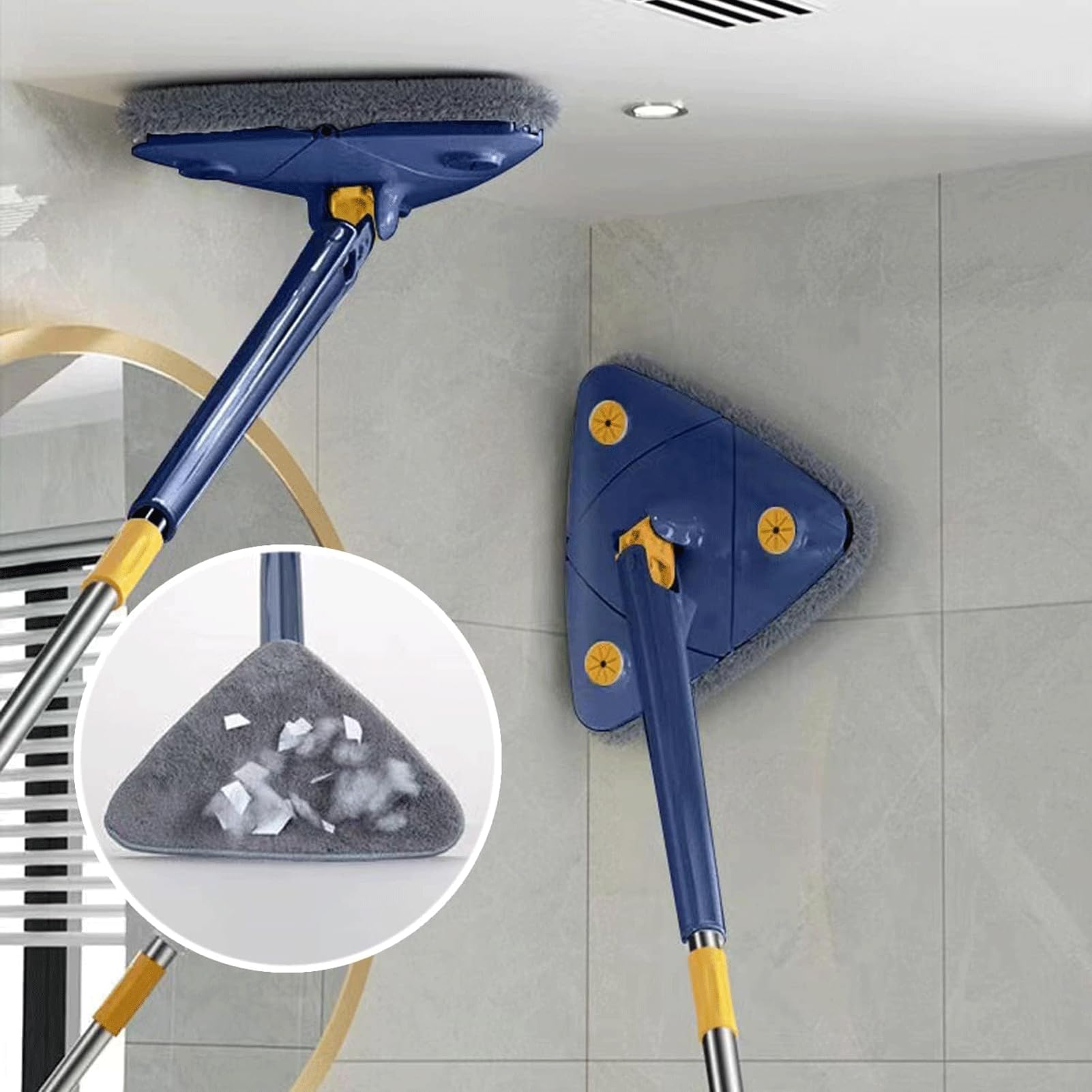 Mopa de limpieza triangular giratoria de 360 grados con cabezal de microfibra ajustable extensible de mano larga retráctil, limpiador de polvo seco y húmedo, 2 almohadillas reutilizables incluidas