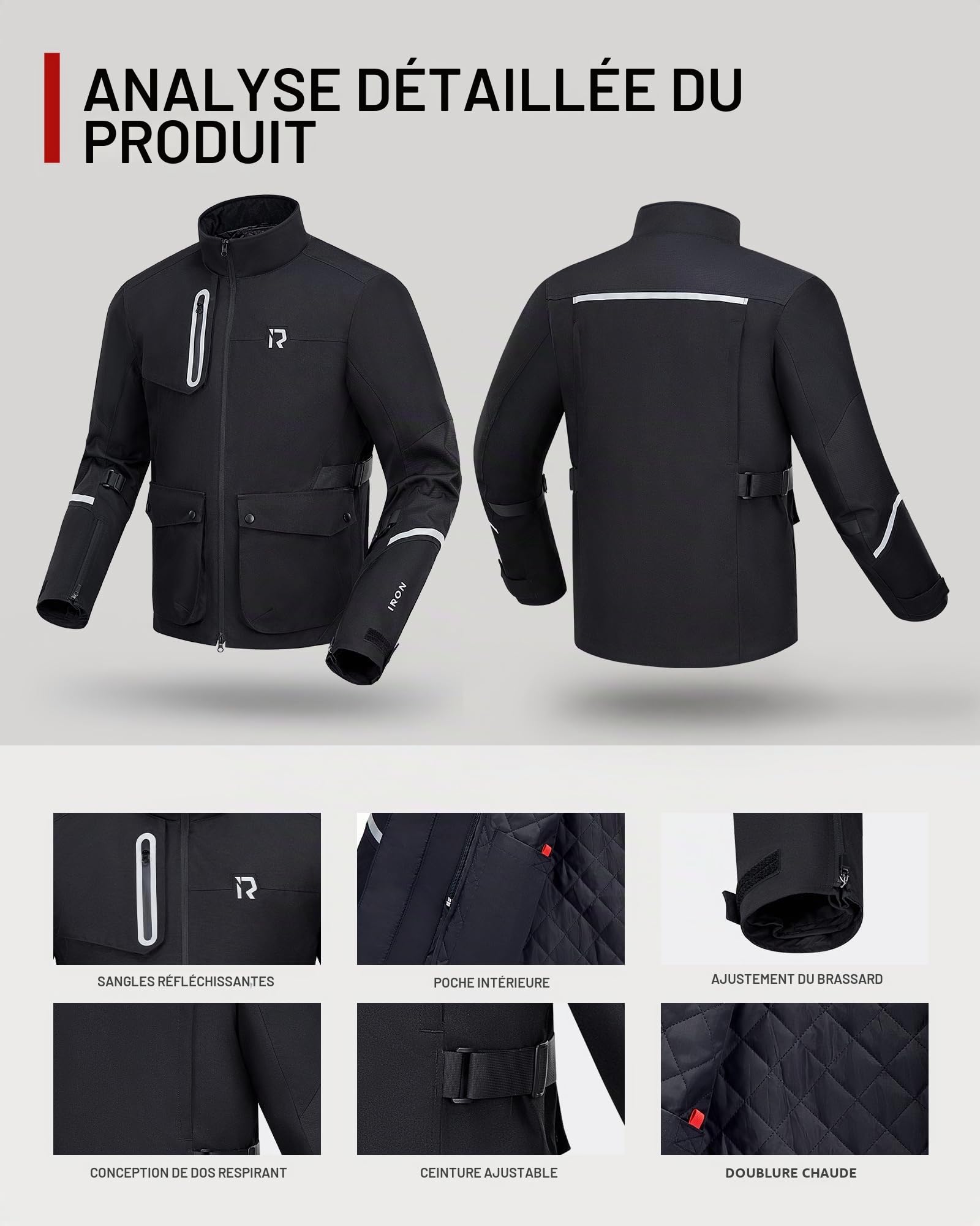 RIDEIRON Veste moto homme avec protections CE,Veste moto hiver avec doublure amovible pour protéger du froid et du vent en toutes saisons,Noir